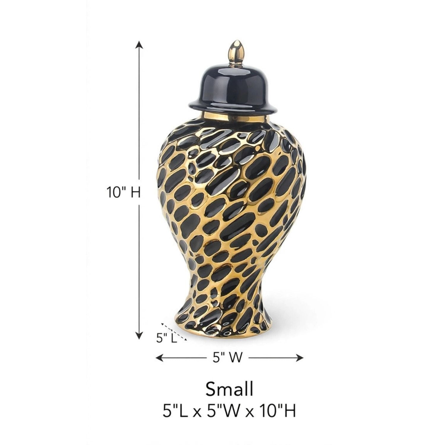 A small decorative urn with a glossy black and gold spotted pattern, a black lid with a gold finial, and dimension arrows showing 10 inches height, 5 inches width, and 5 inches depth on a white background.