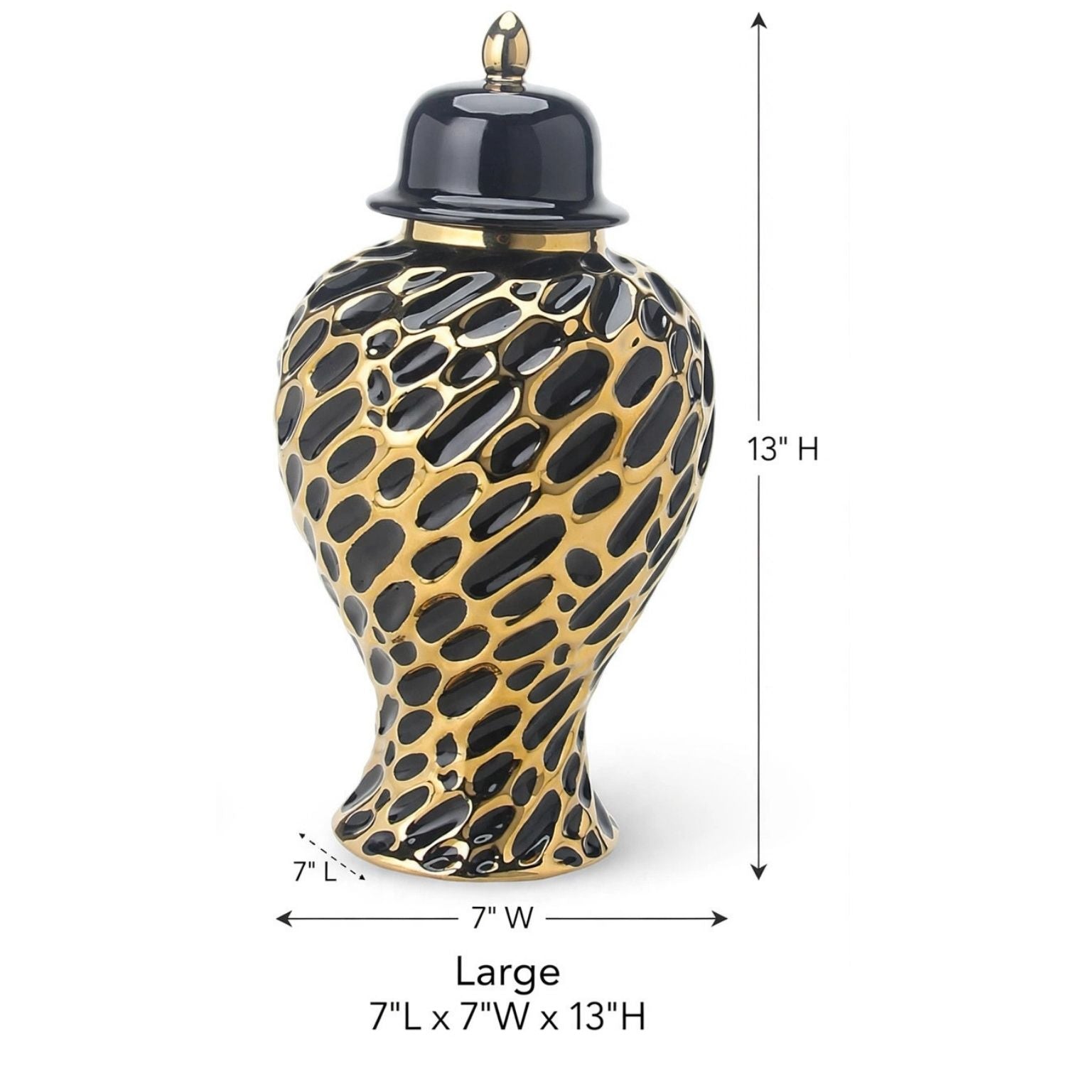 A decorative urn-shaped vase with a glossy black and gold spotted pattern, a black lid with a gold finial, and dimension arrows showing 13 inches height, 7 inches width, and 7 inches depth on a white background.
