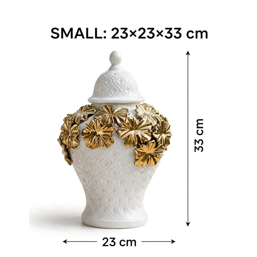 White ceramic lidded vase with gold floral accents, shown with dimension labels indicating a small size of 23x23x33 cm on a white background.