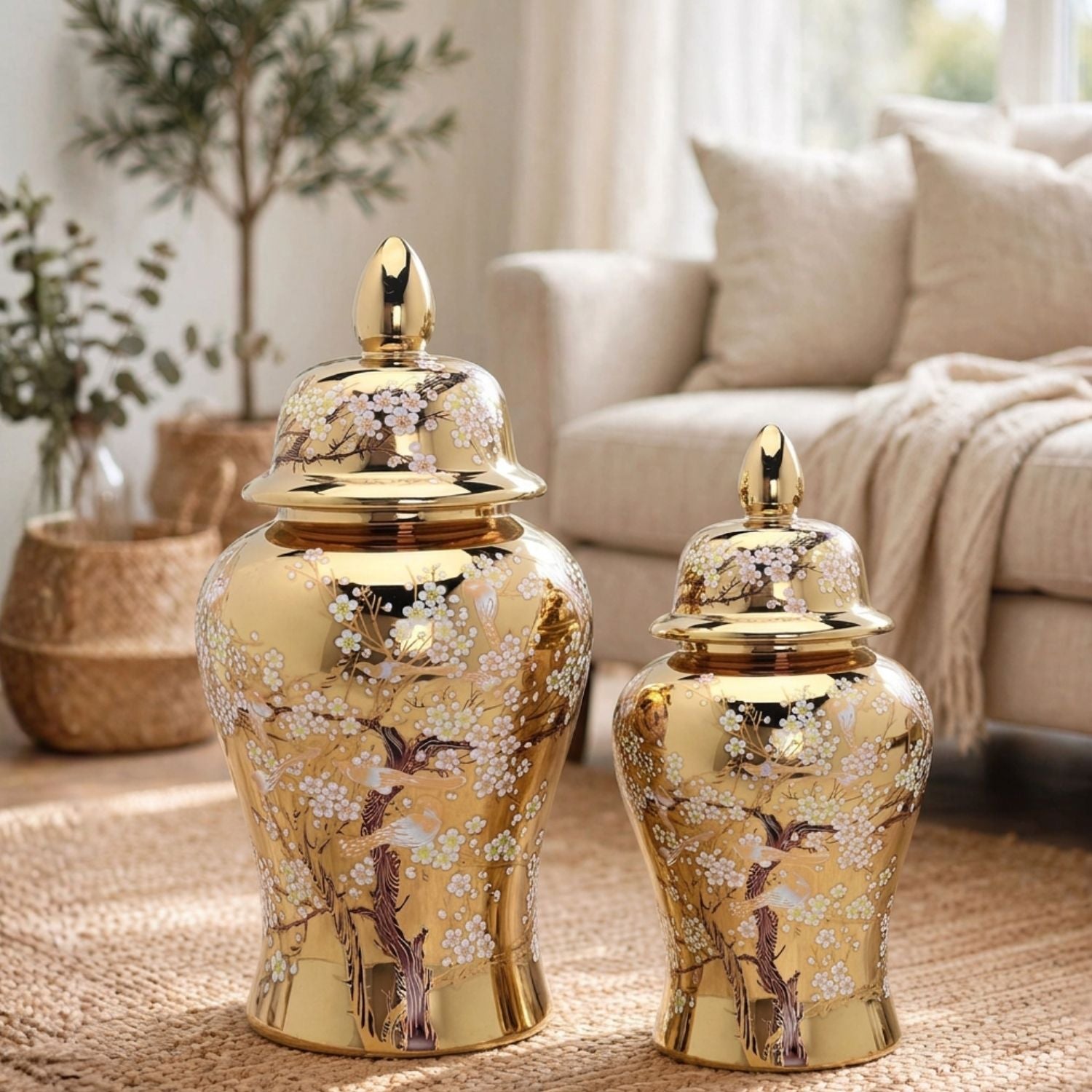 Gold Cherry Blossom Ginger Jar with Lid