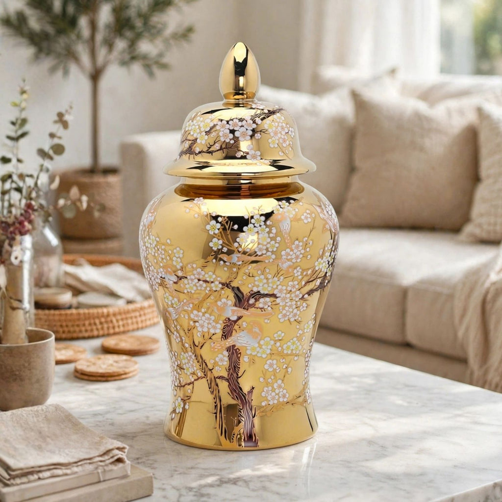 Gold Cherry Blossom Ginger Jar with Lid Home decor