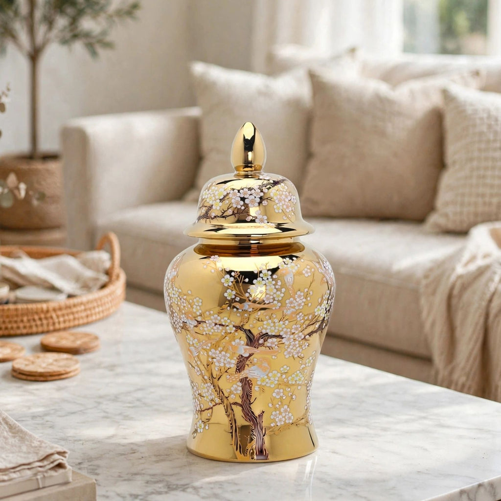 A decorative lidded storage jar with a glossy gold finish and white cherry blossom tree pattern, set on a marble table in a cozy living room.