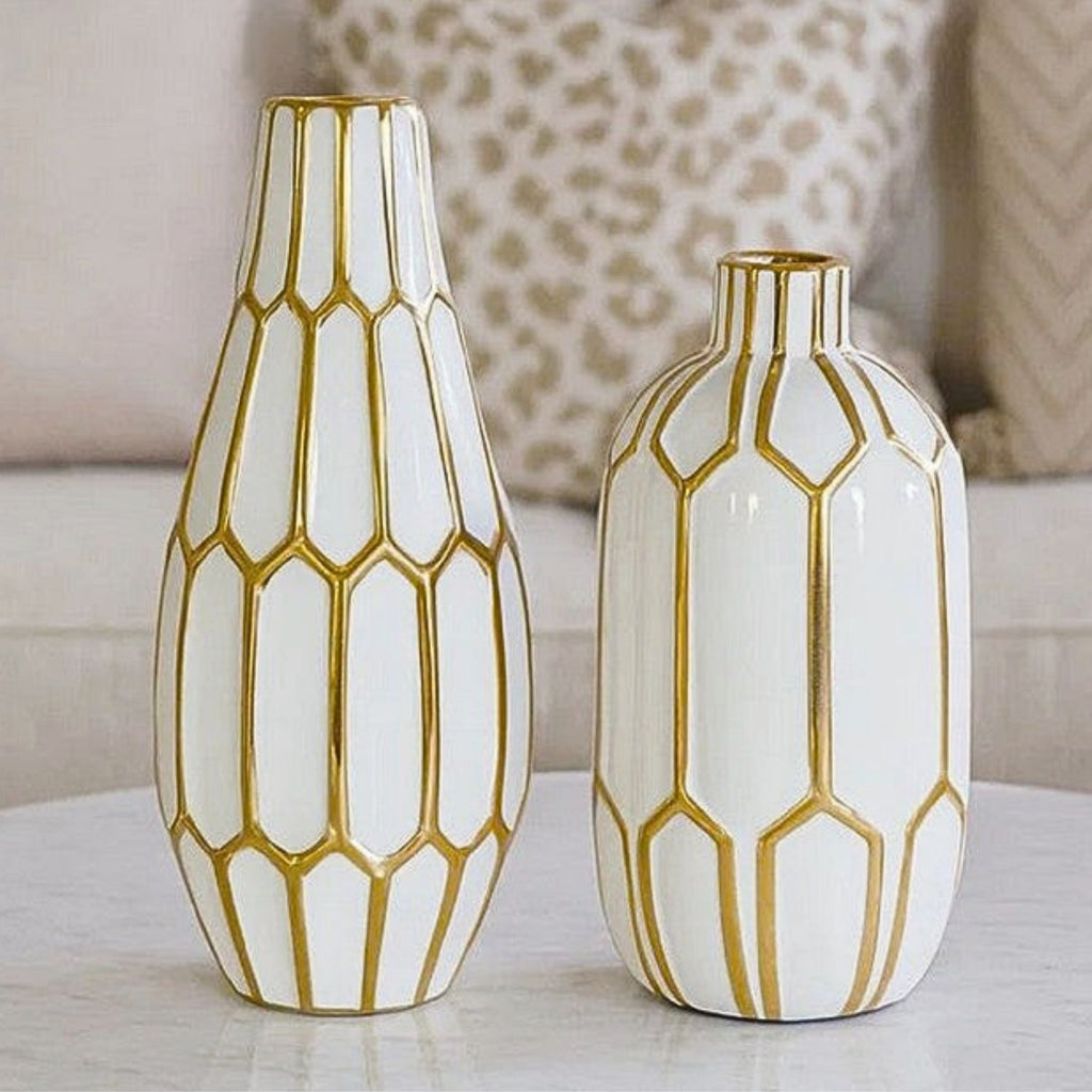White & Gold Geometric Ceramic Vase