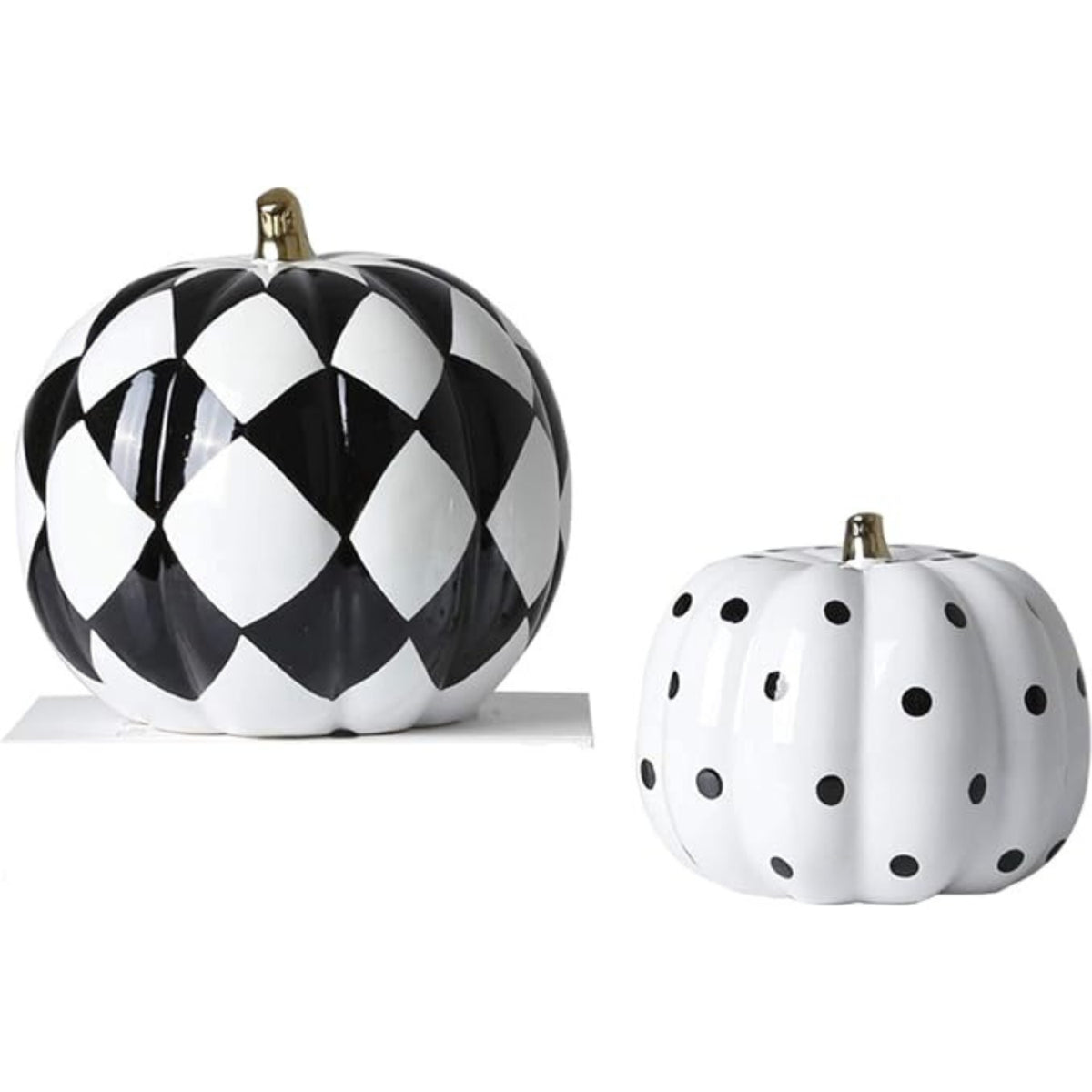 White pumpkin ornament with black polka dots showing 16 by 16 by 14 centimetre dimensions