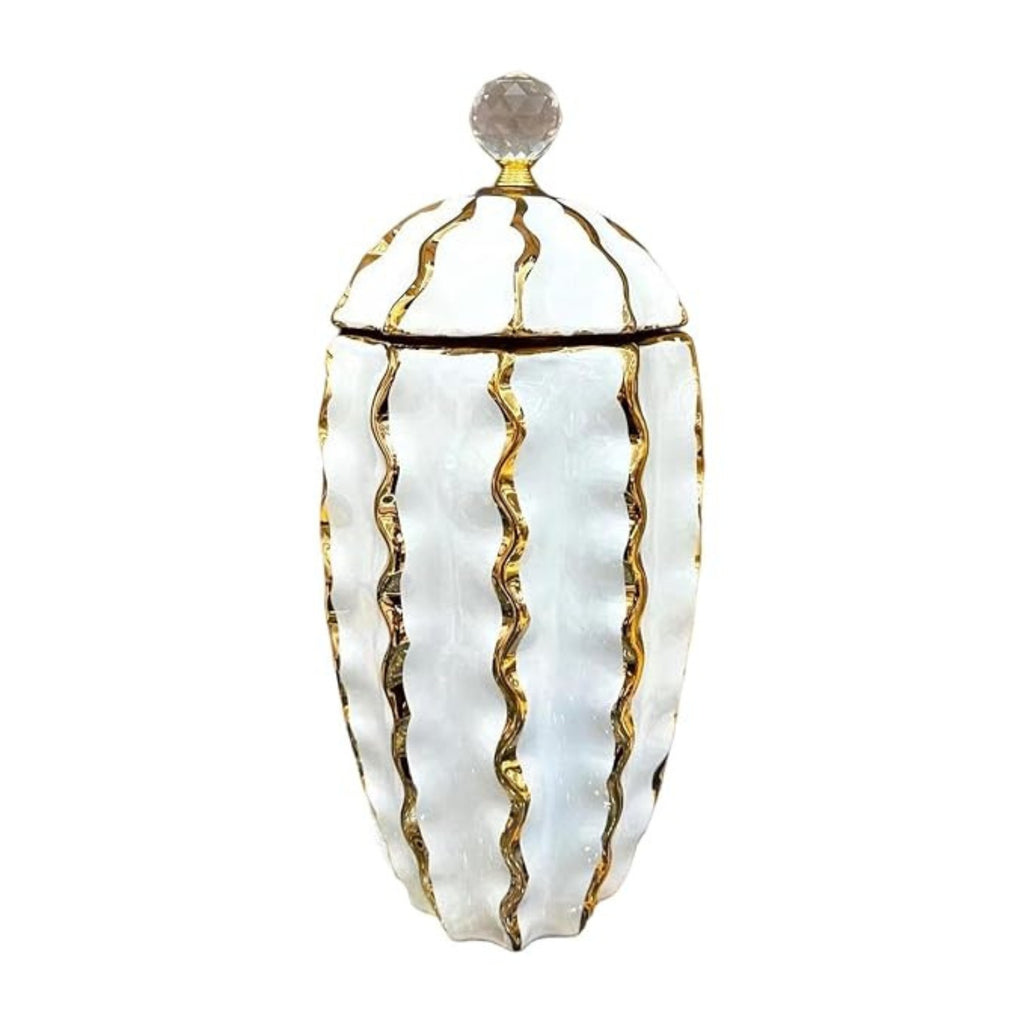 Tall white and gold Pillar ribbed vase in a luxury interior setting