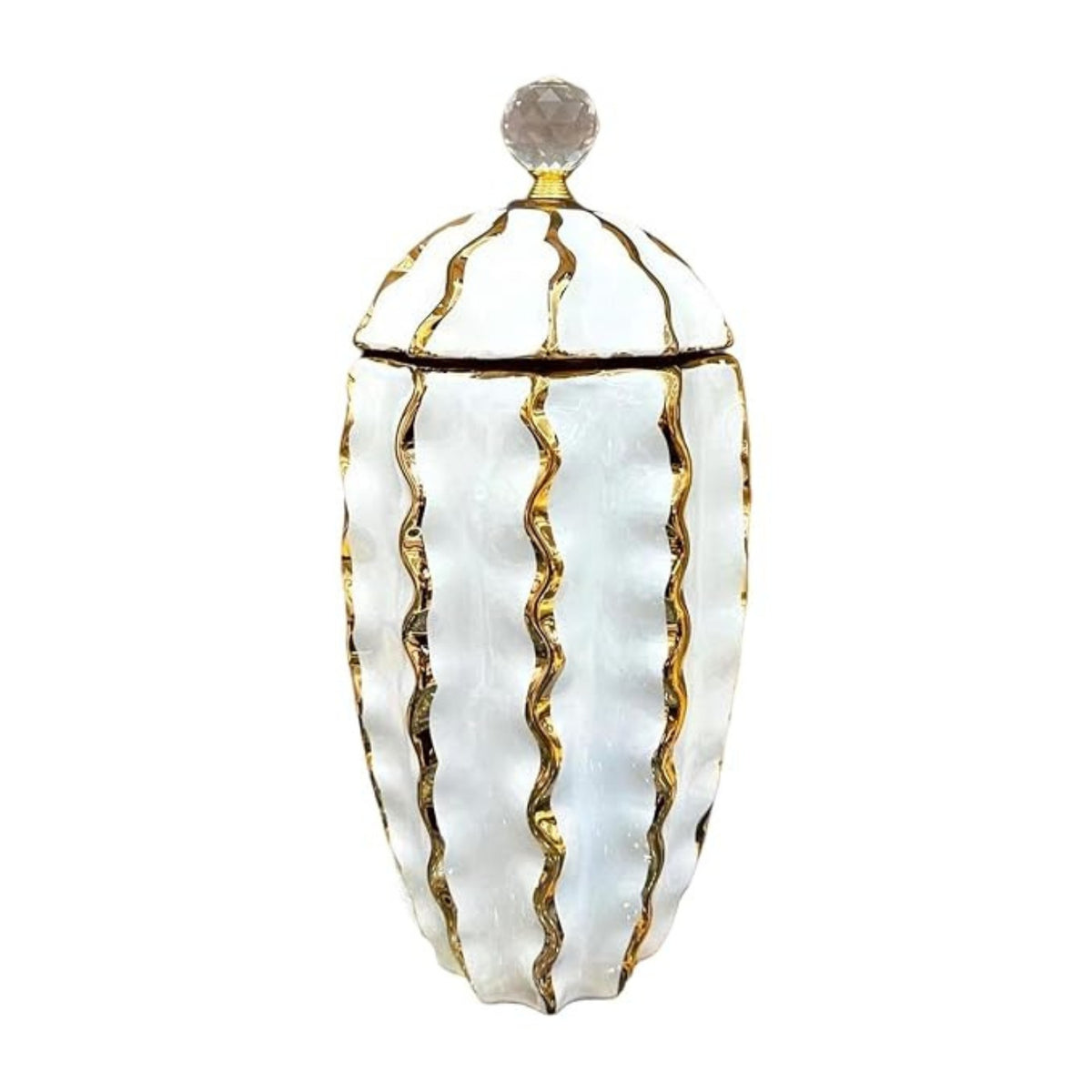 Tall white and gold Pillar ribbed vase in a luxury interior setting