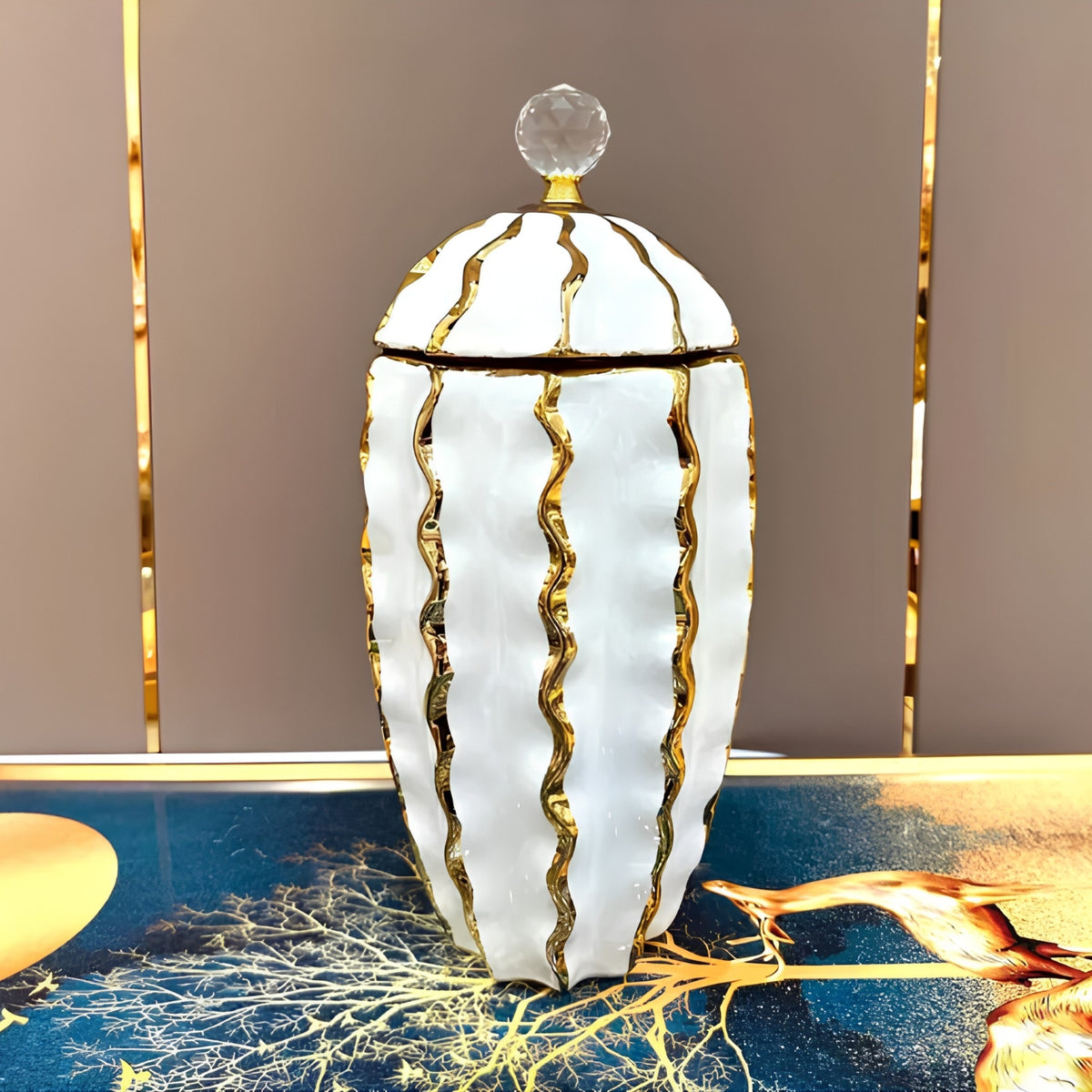 Tall white and gold Pillar ribbed lidded vase