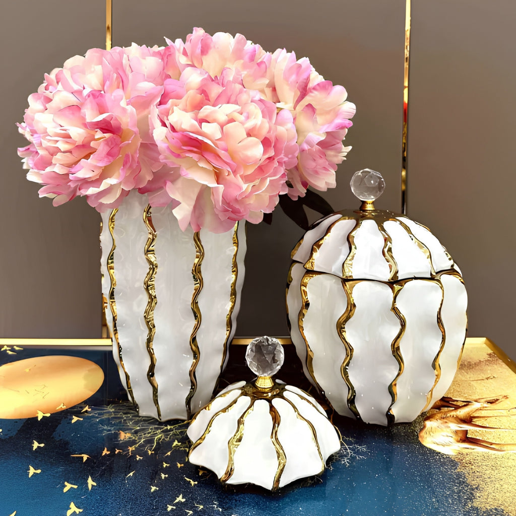 Rounded white and gold Pumpkin ribbed lidded vase