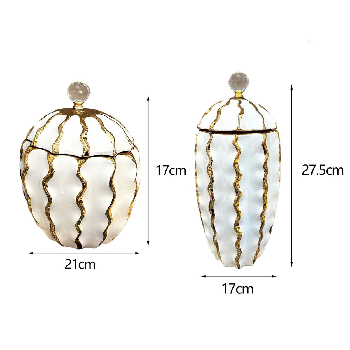 Pillar and Pumpkin white and gold ribbed vases displayed with dried flowers