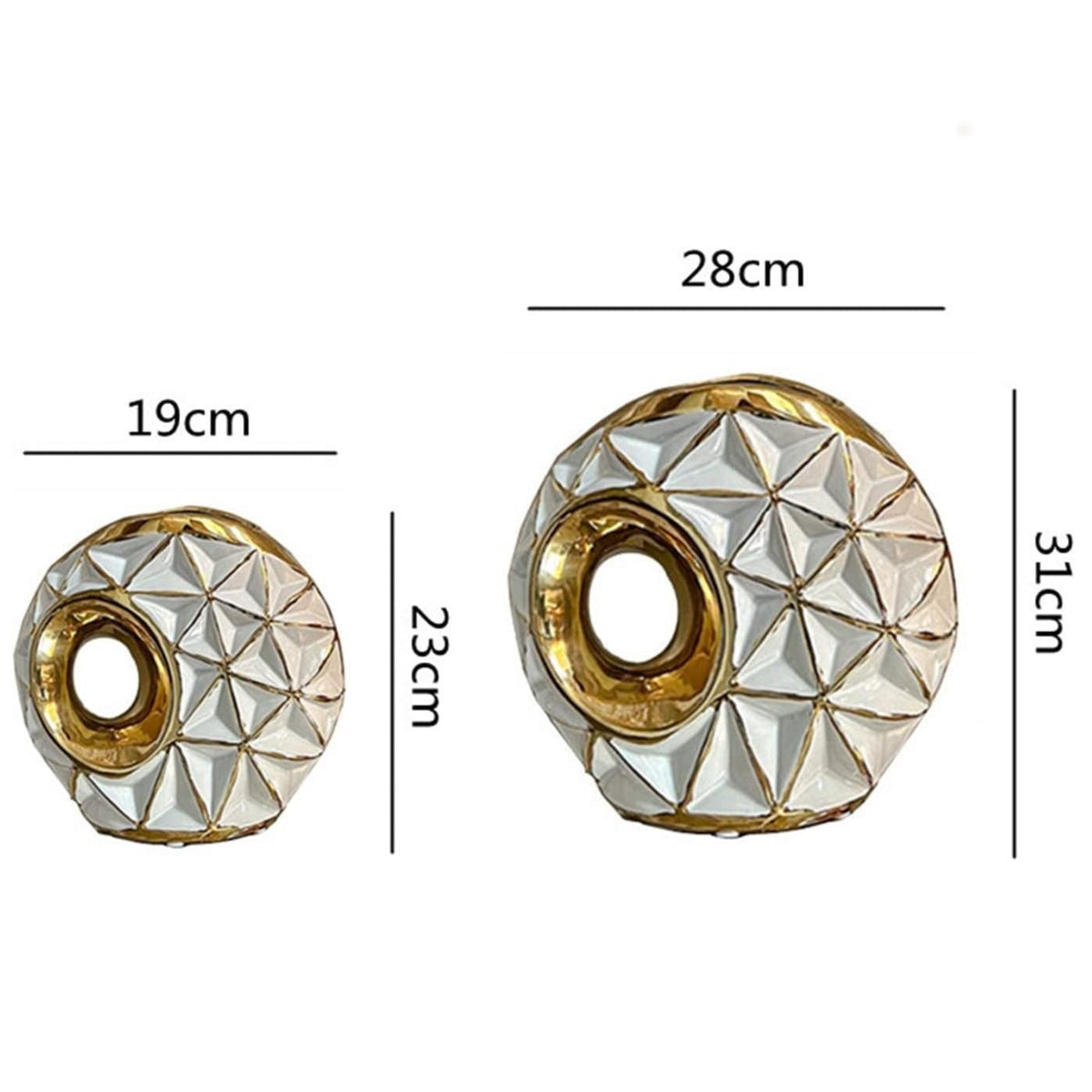 White and gold geometric vase set styled with white flowers