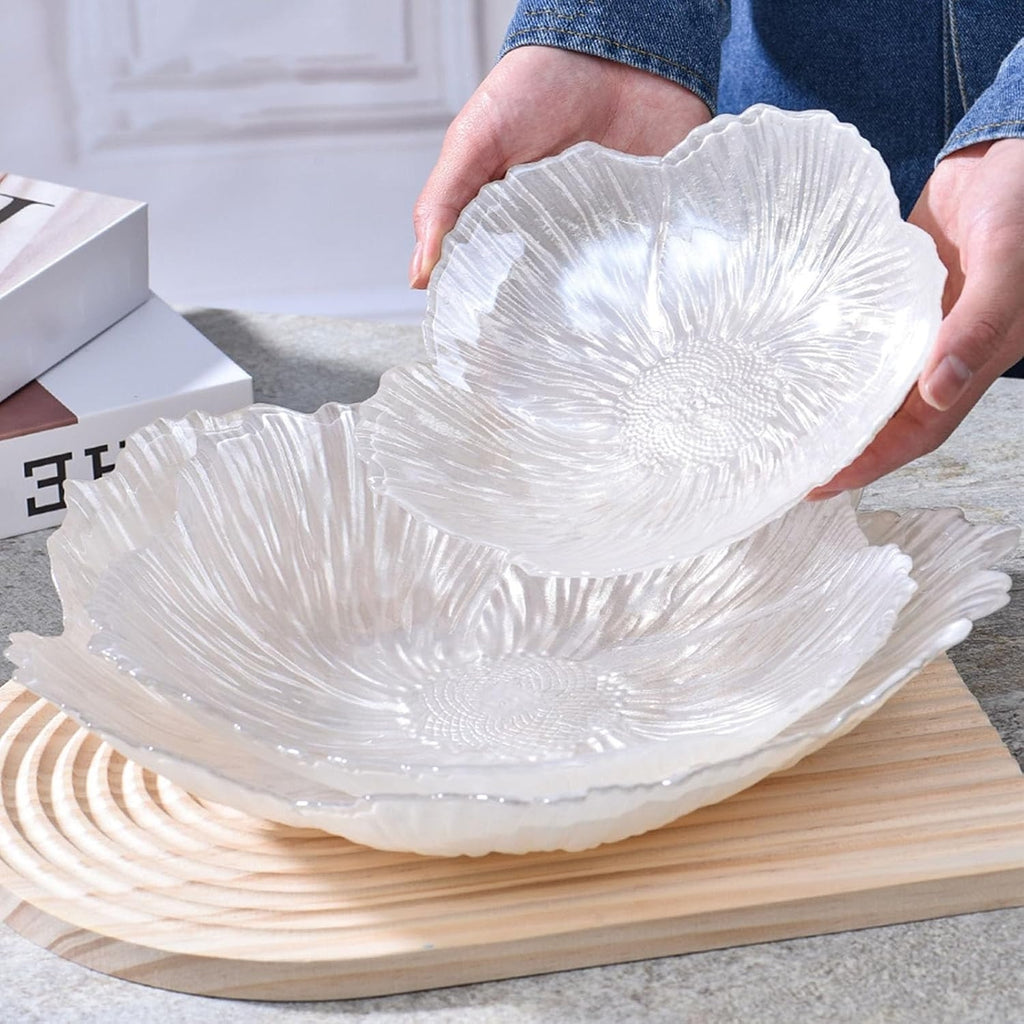 Three crystal glass fruit plates in small, medium and large sizes with dimensions shown