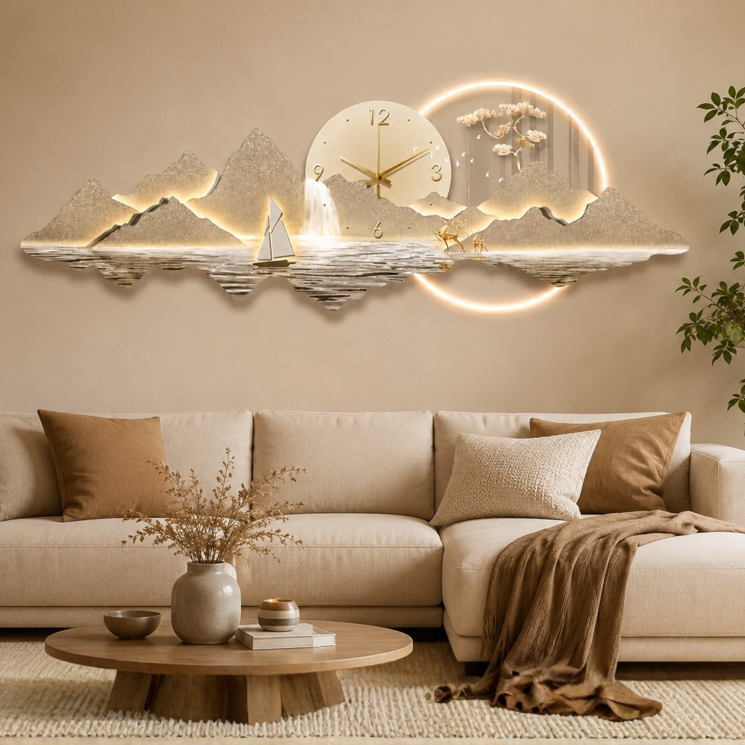 Luxury Gold LED Mountain Watterfall Landscape Wall Clock