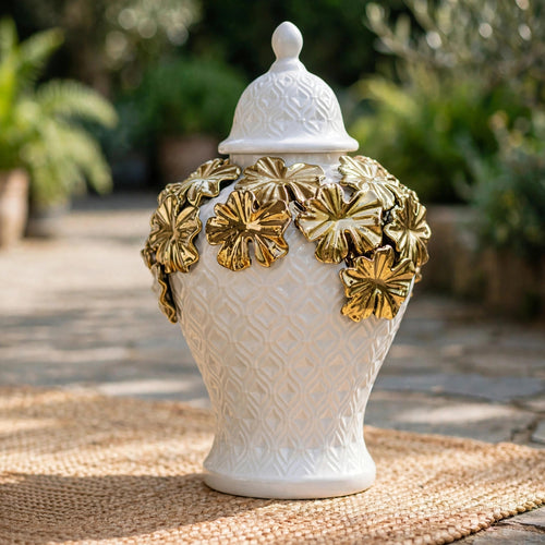 3D Floral Ginger Jar White & Gold – Set of 2