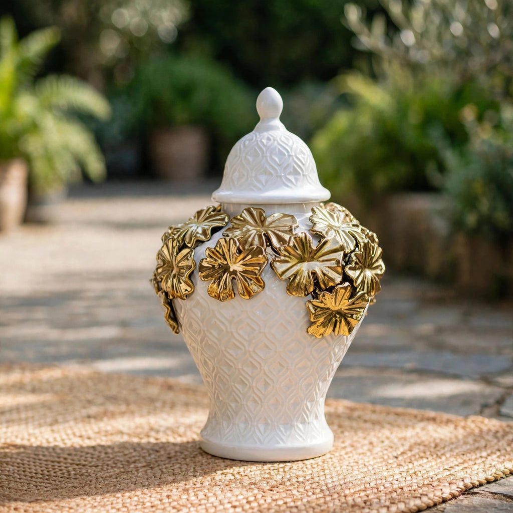 3D Floral Ginger Jar White & Gold – Set of 2