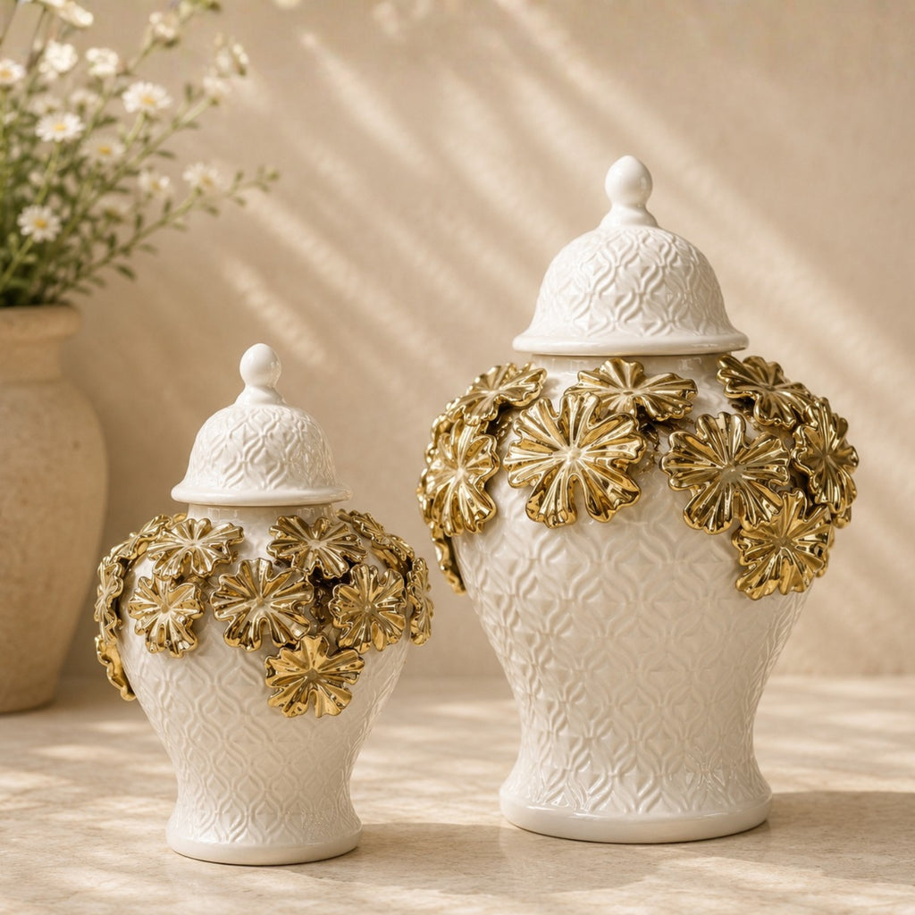 3D Floral Ginger Jar White & Gold – Set of 2