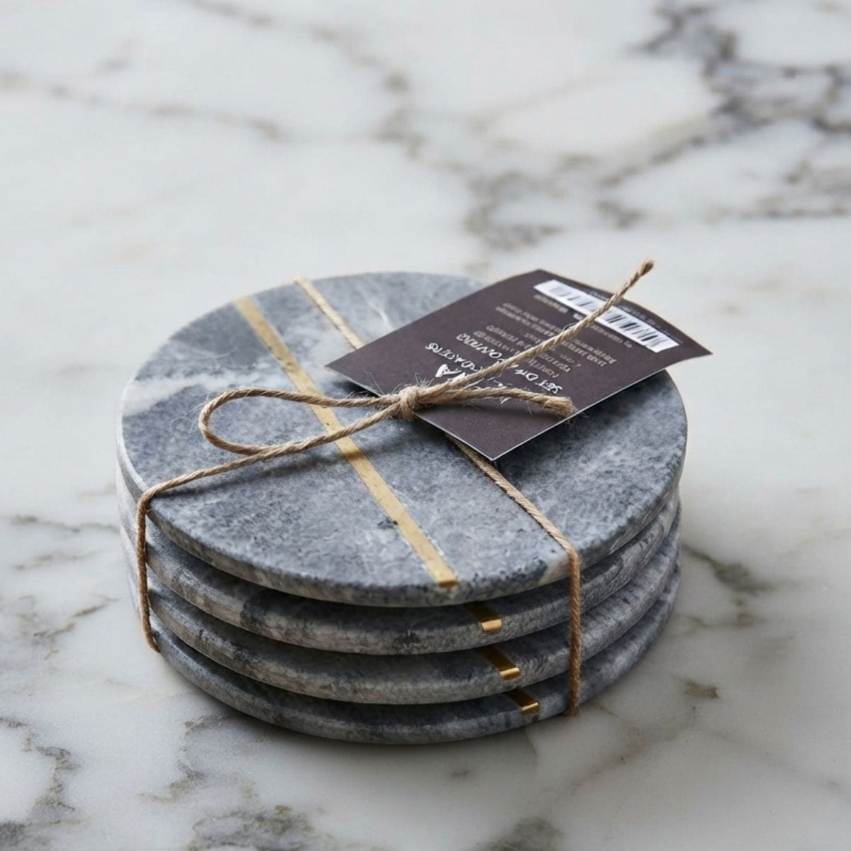 A set of four round gray marble coasters tied together with twine and a small product tag, placed on a white marble surface.