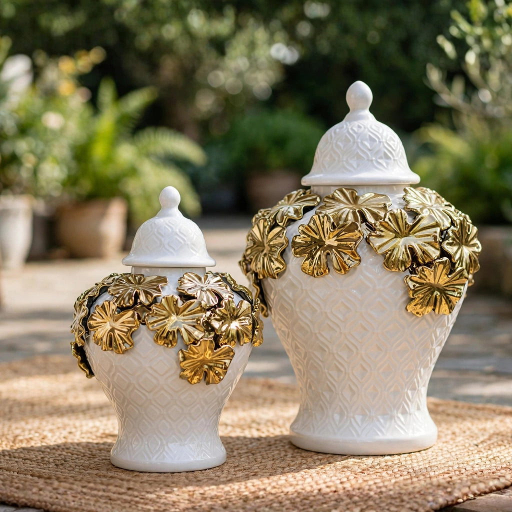 3D Floral Ginger Jar White & Gold – Set of 2