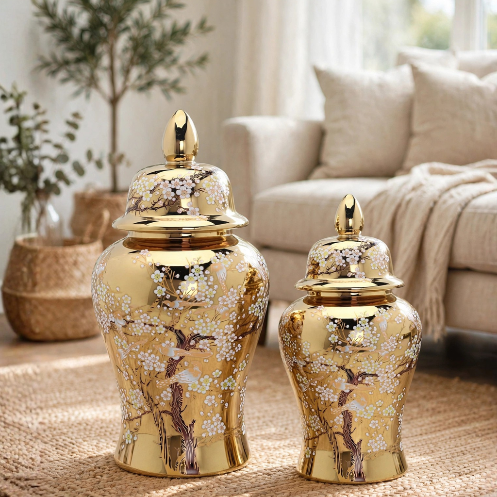 Gold Cherry Blossom Ginger Jar with Lid