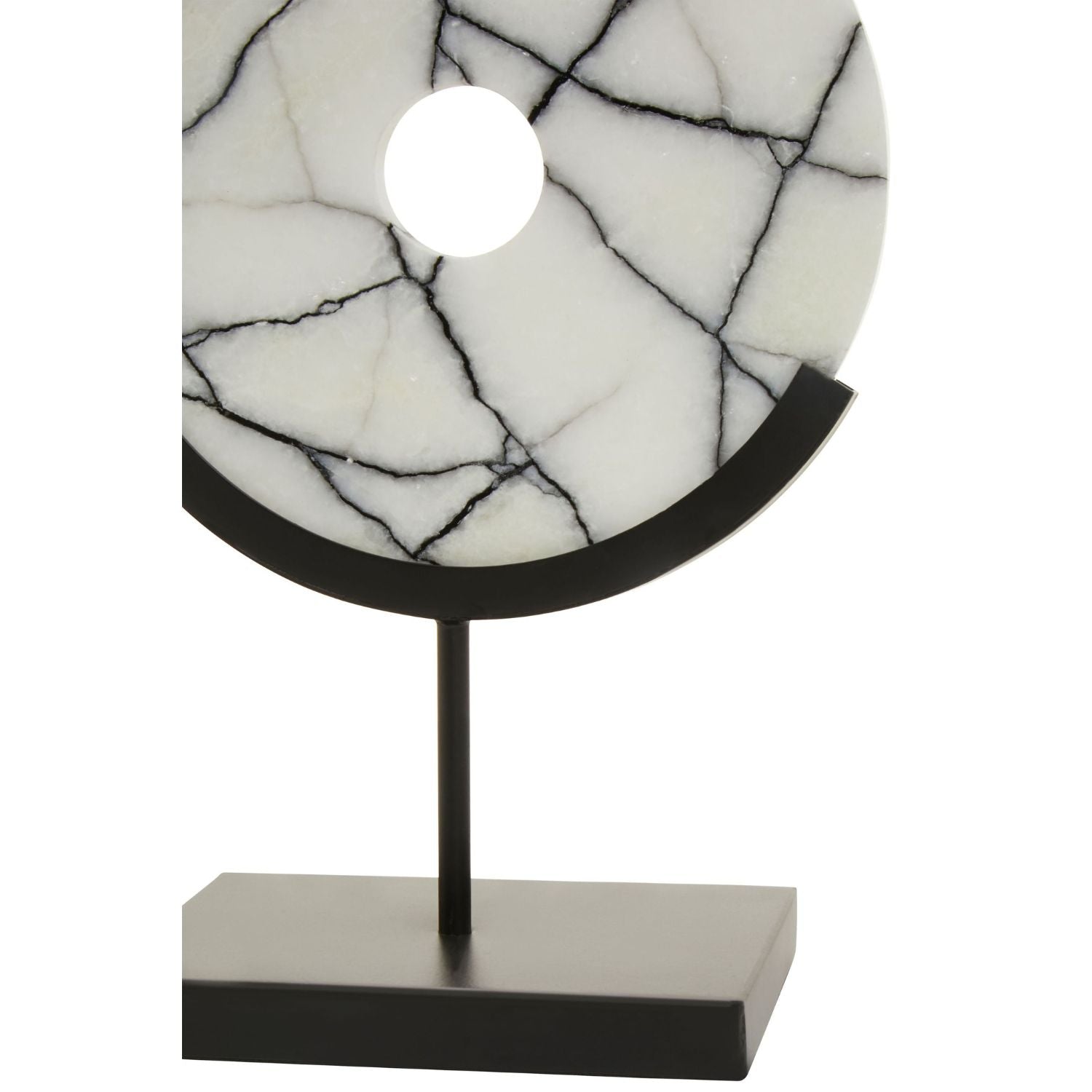 A modern table lamp featuring a circular white stone shade with black veining, supported by a matte black metal stand with a rectangular base, shown against a plain white background.