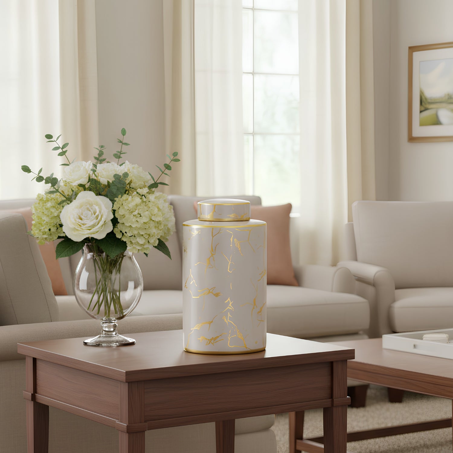 Cream & Gold Marble Ceramic Lidded Jar