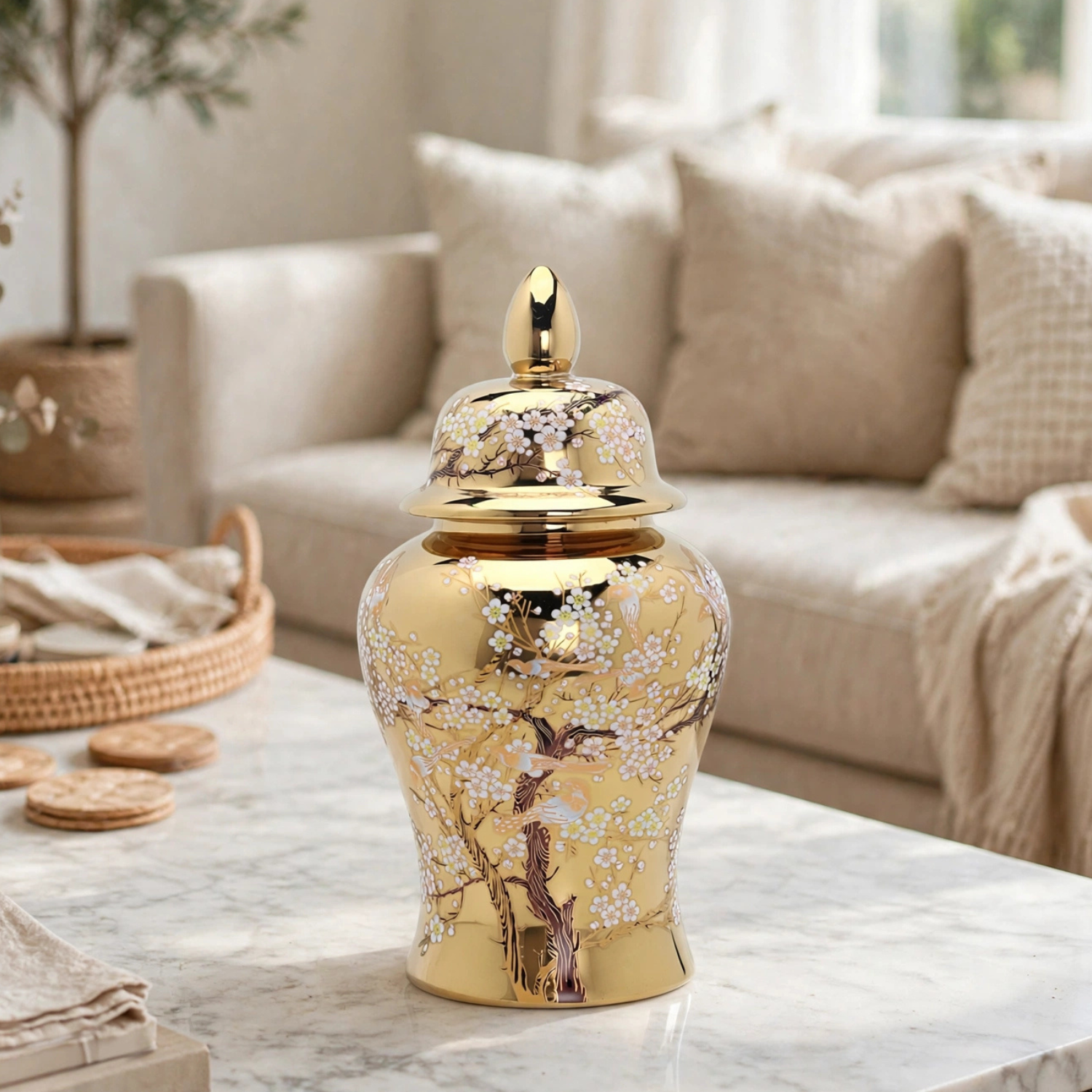Gold Cherry Blossom Ginger Jar with Lid