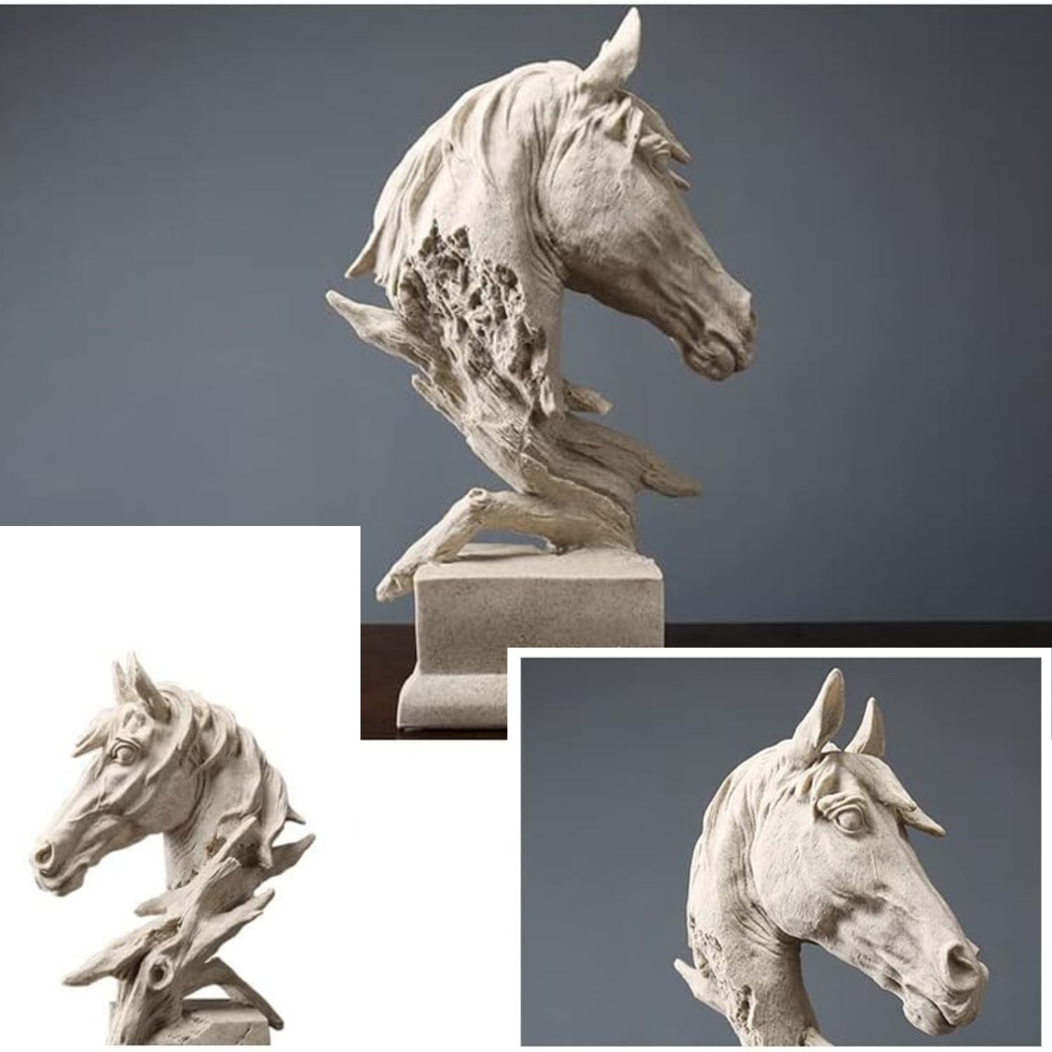 A stone-look horse head sculpture mounted on a rectangular base, shown from multiple angles in a collage layout against a dark gray background.