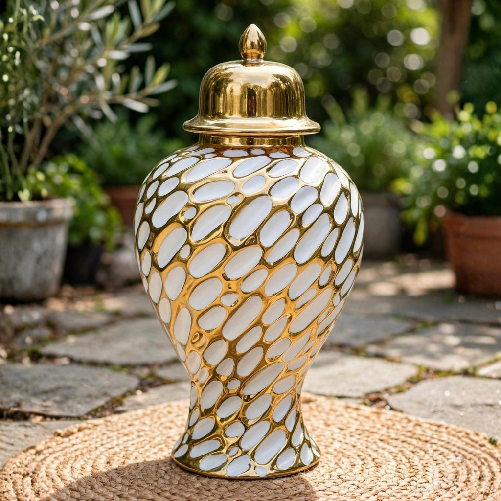 Mosaic Ceramic Ginger Jar with Lid Gold & White