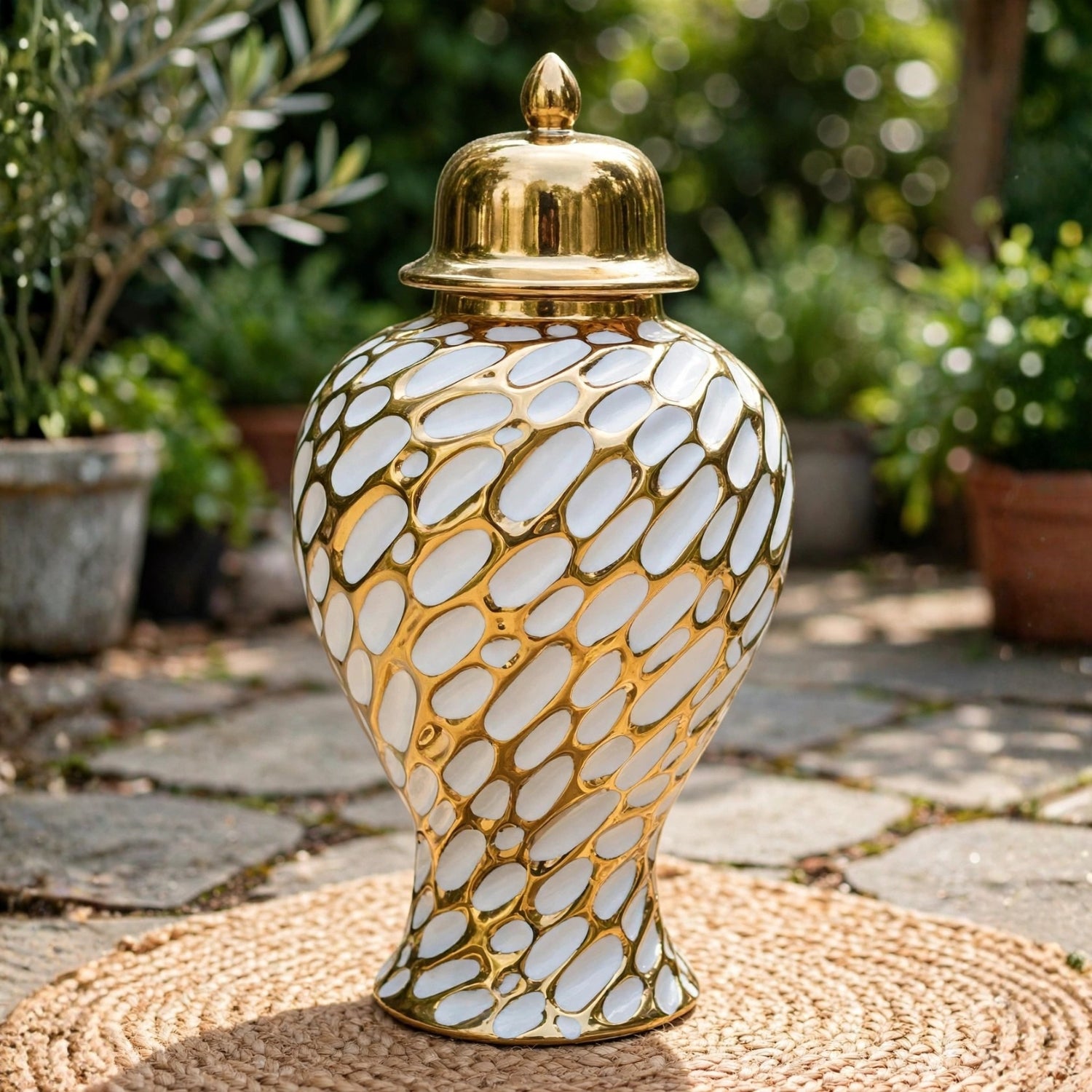 Mosaic Ceramic Ginger Jar with Lid Gold & White