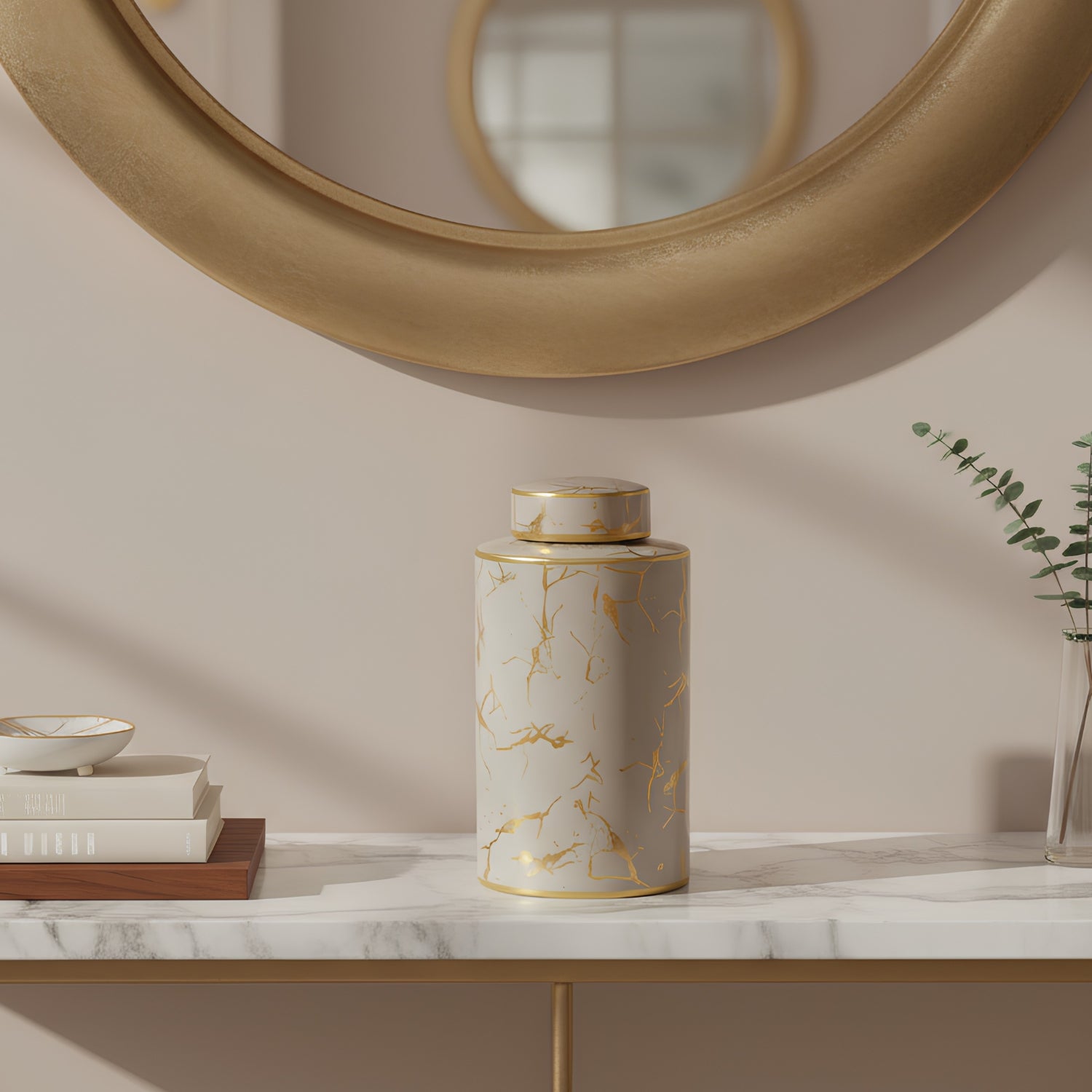Cream & Gold Marble Ceramic Lidded Jar