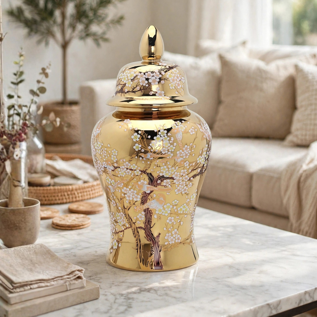 Gold Cherry Blossom Ginger Jar with Lid