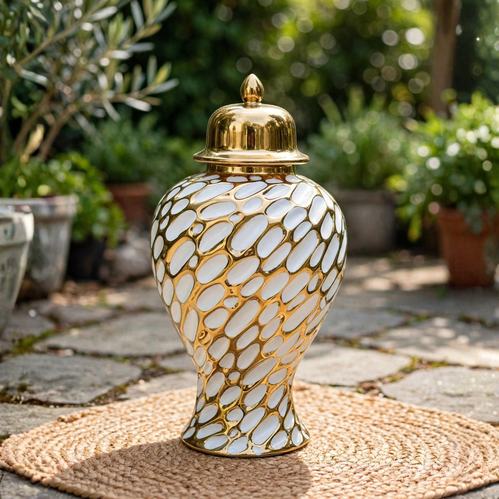 Mosaic Ceramic Ginger Jar with Lid Gold & White