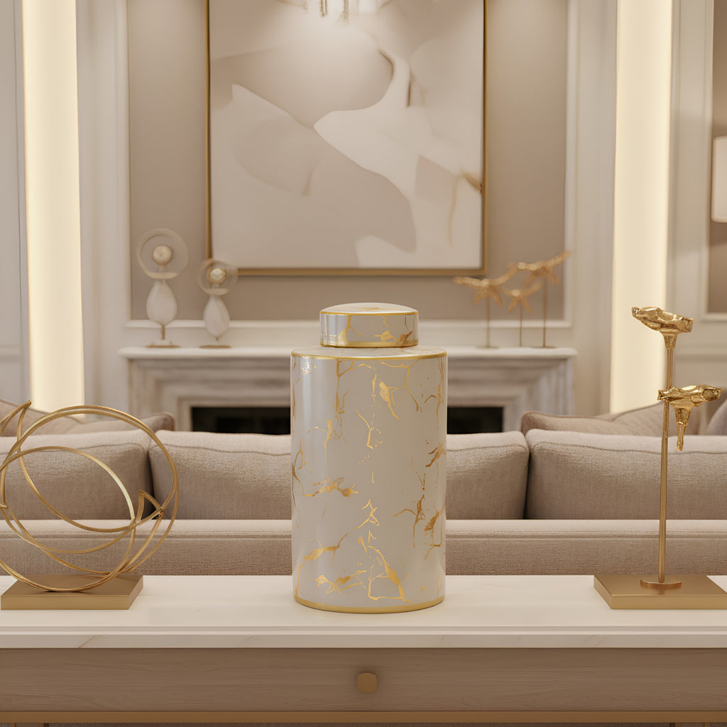 Cream & Gold Marble Ceramic Lidded Jar
