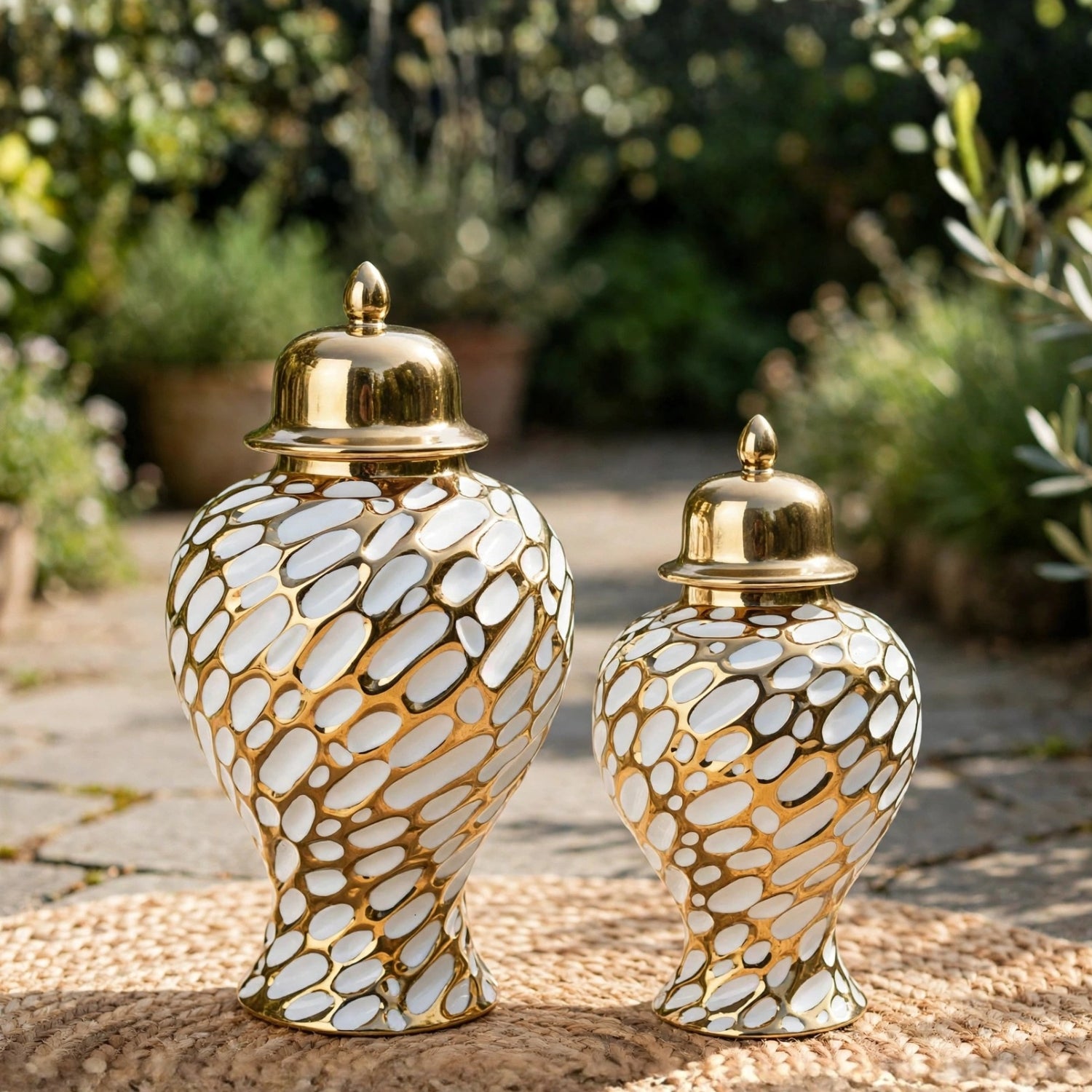 Mosaic Ceramic Ginger Jar with Lid Gold & White