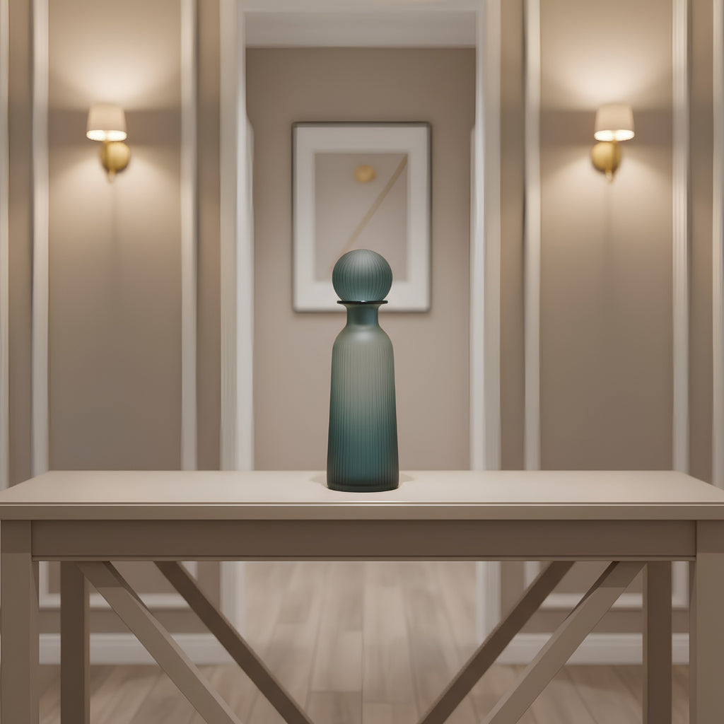 Ribbed Glass Bottle Vase with Ball Stopper – Blue Green