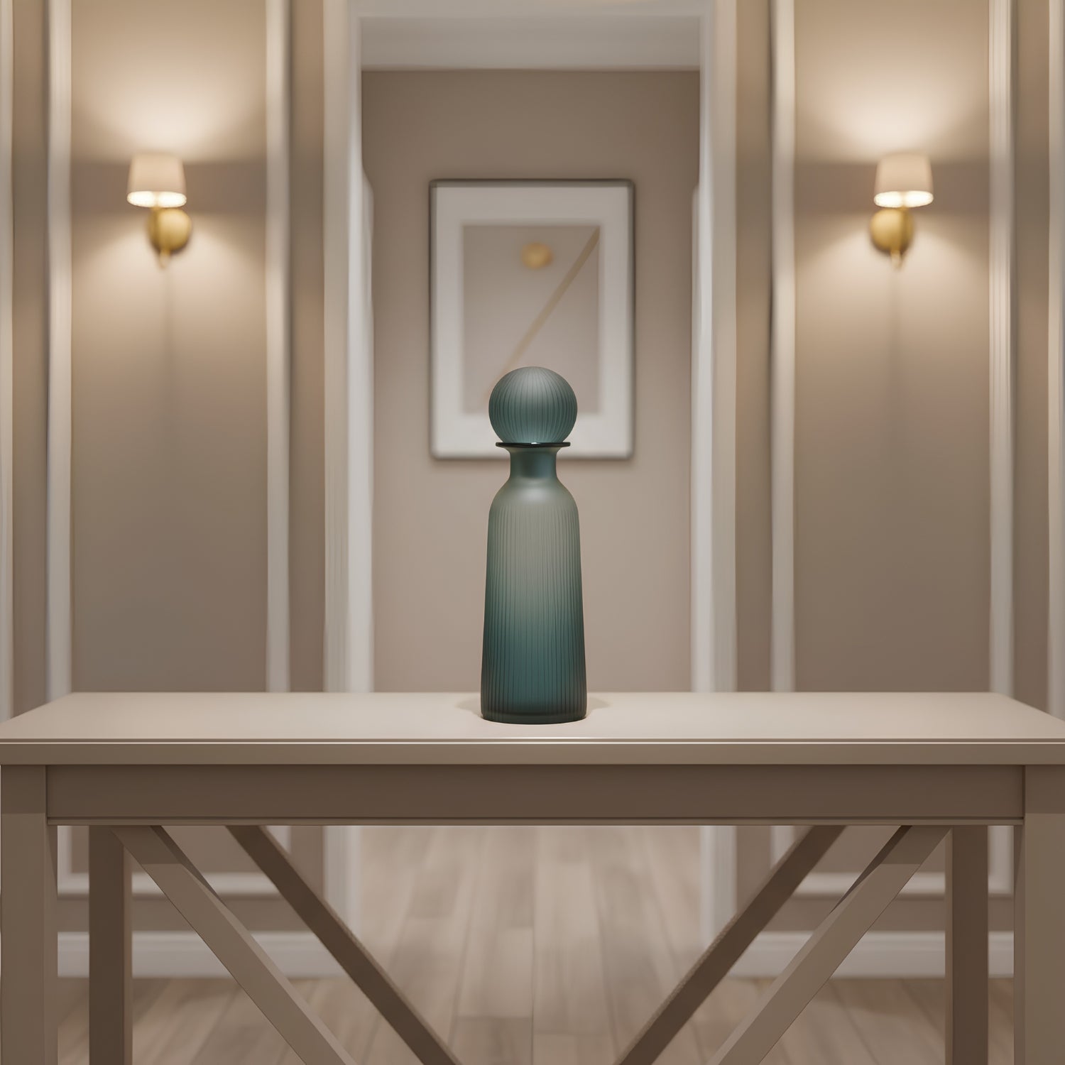 Ribbed Glass Bottle Vase with Ball Stopper – Blue Green