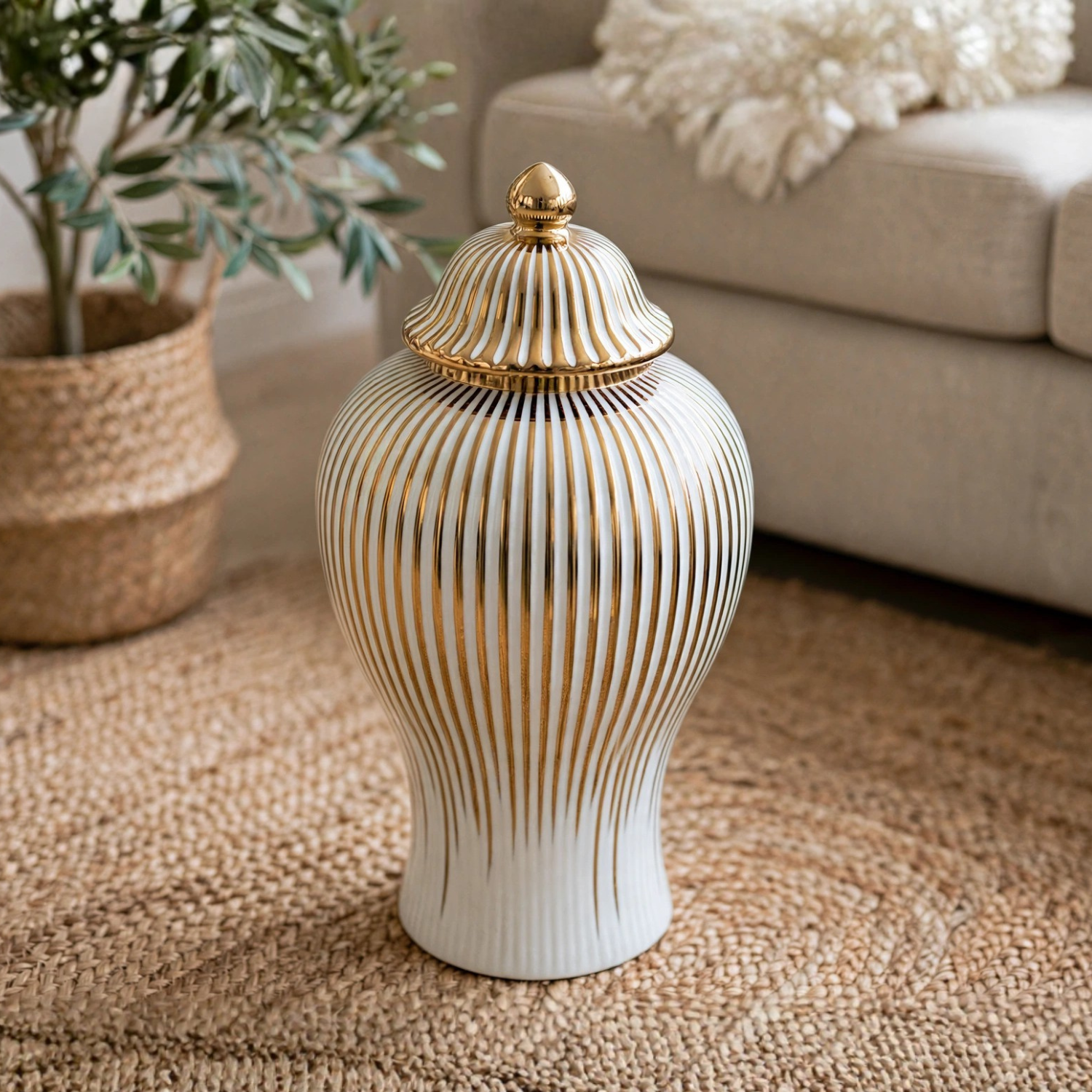 Gold Stripe Ceramic Ginger Jar
