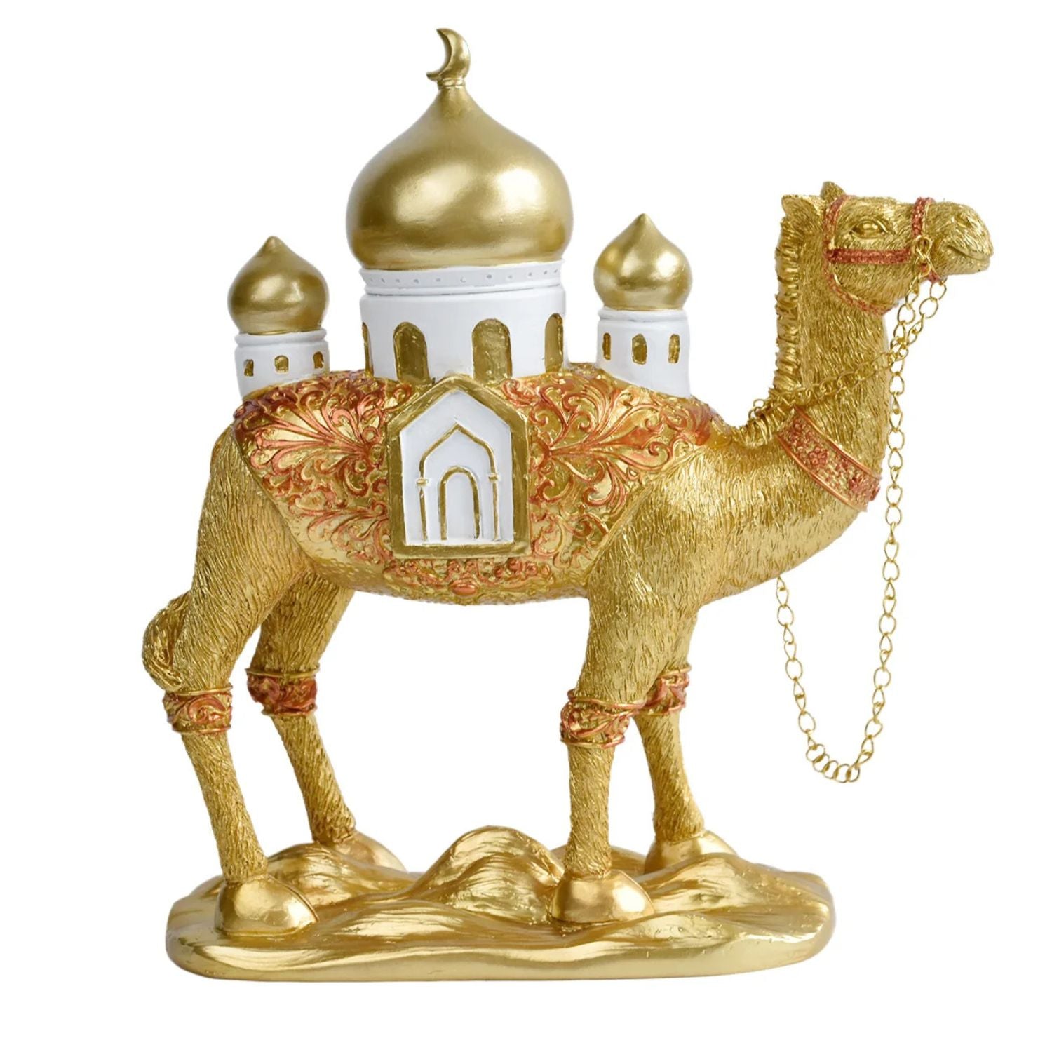 A decorative camel figurine in metallic gold with white and red architectural details, featuring a mosque with domes in the background, set against a plain white background.