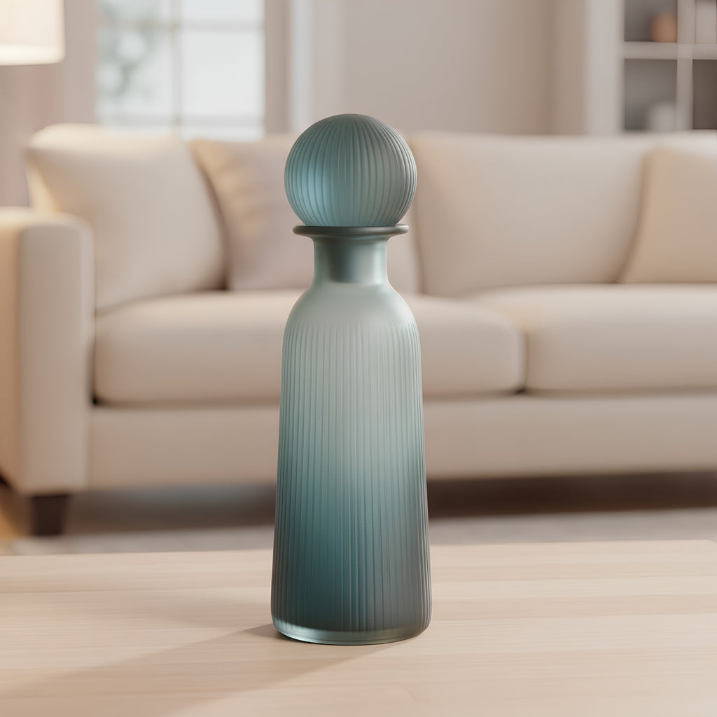 Ribbed Glass Bottle Vase with Ball Stopper – Blue Green