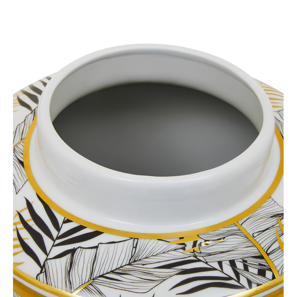 Botanical Leaf Ceramic Ginger Jar with Lid – White & Gold