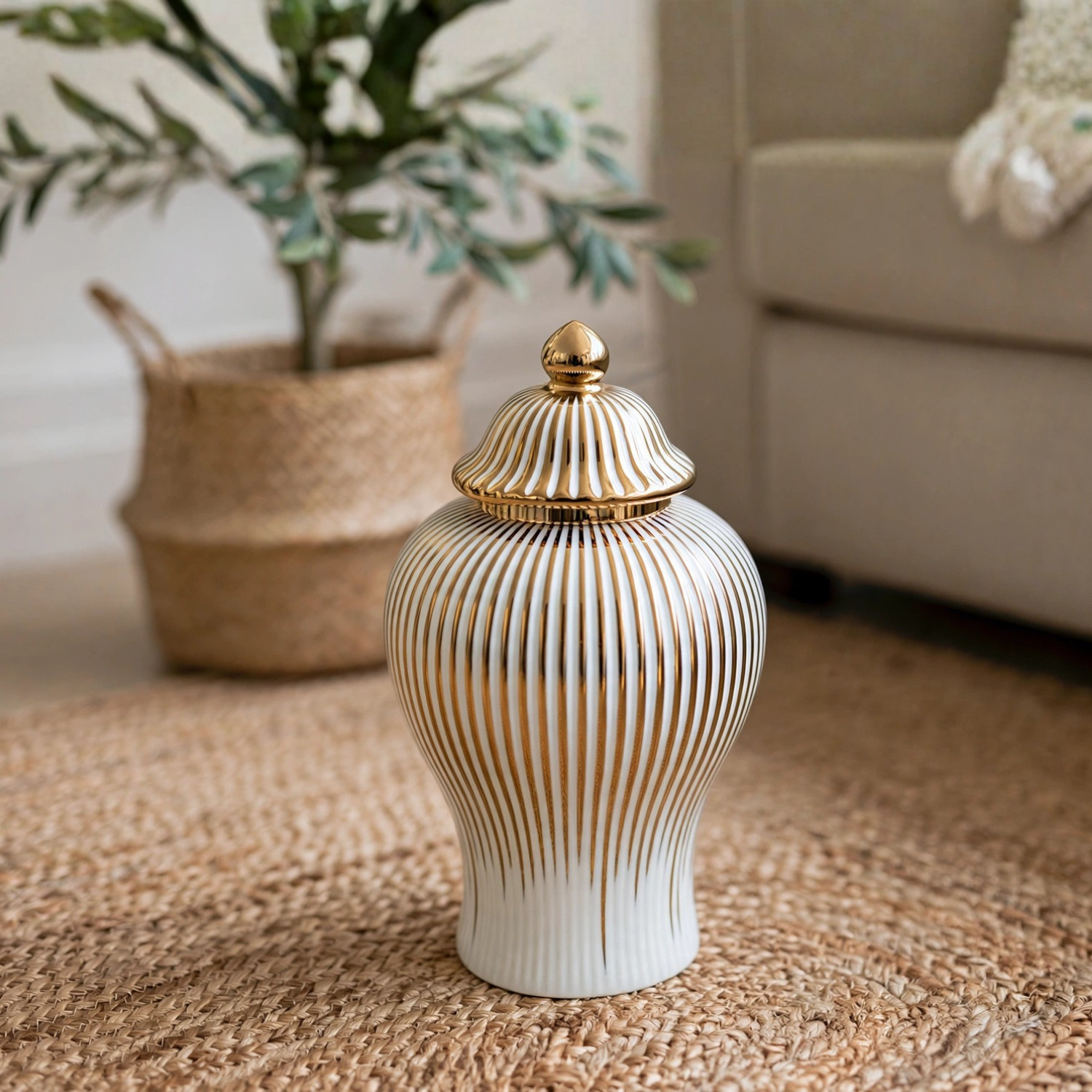 Gold Stripe Ceramic Ginger Jar