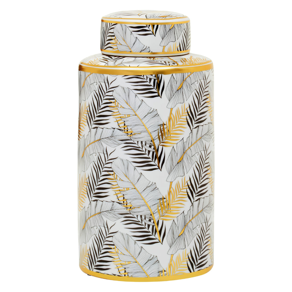 Botanical Leaf Ceramic Ginger Jar with Lid – White & Gold