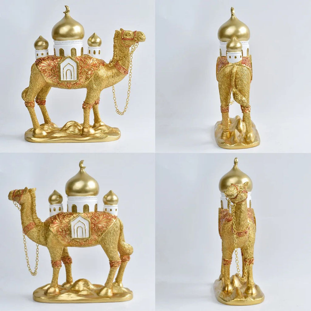 A decorative camel figurine with a gold-domed palace backdrop, shown in four views on a light gray background. The camel is primarily gold with white and orange-red patterned saddle details and a small gold chain hanging from its neck.