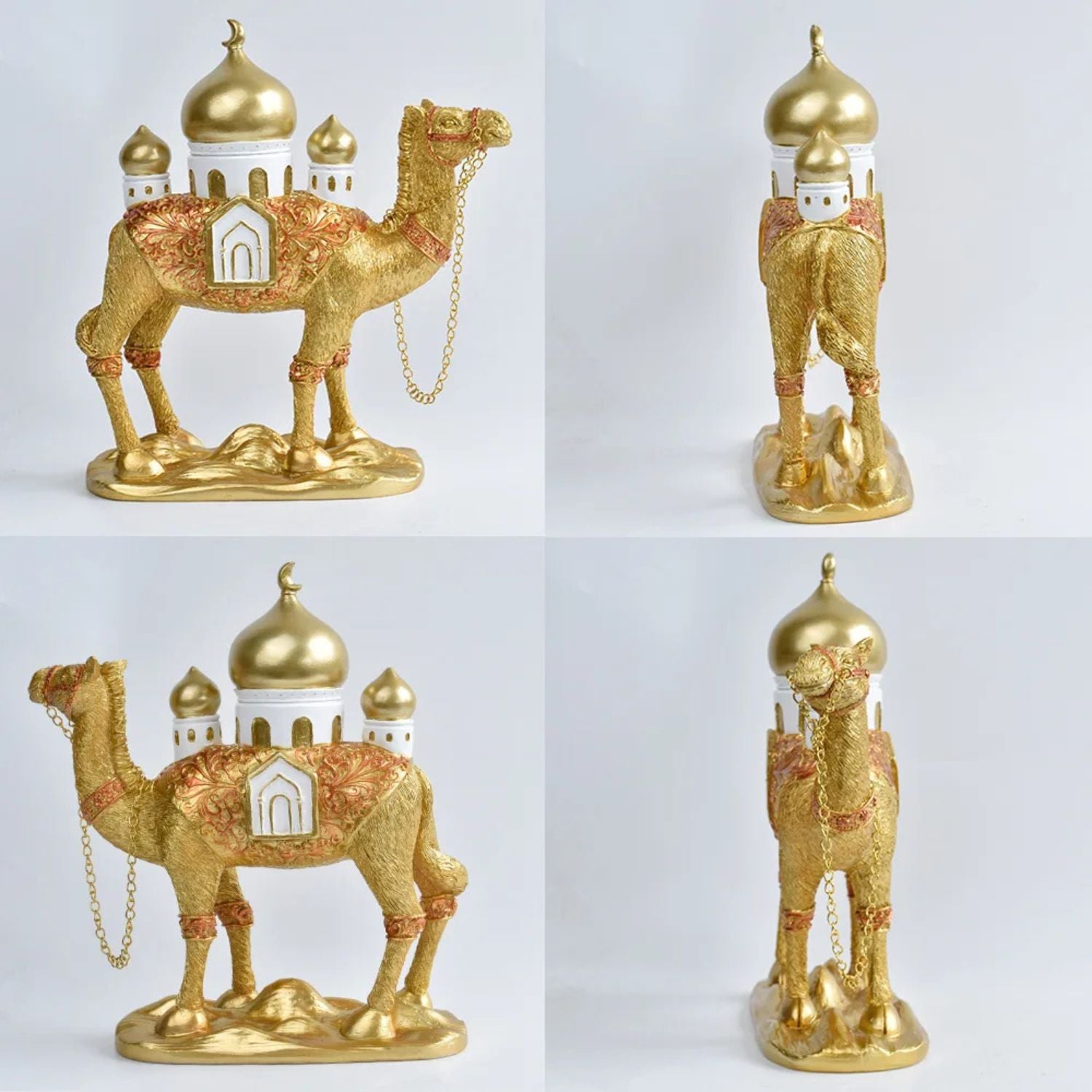 A decorative camel figurine with a gold-domed palace backdrop, shown in four views on a light gray background. The camel is primarily gold with white and orange-red patterned saddle details and a small gold chain hanging from its neck.