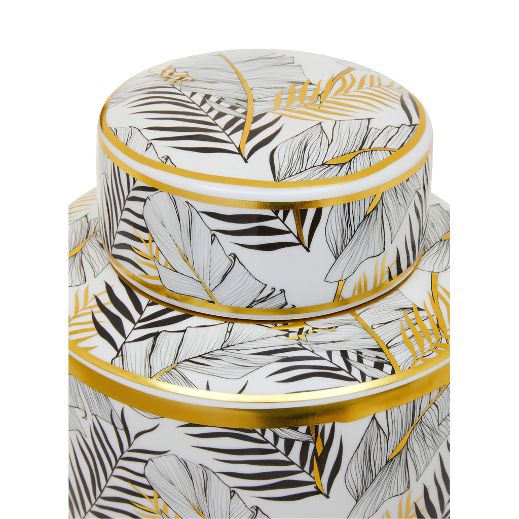 Botanical Leaf Ceramic Ginger Jar with Lid – White & Gold