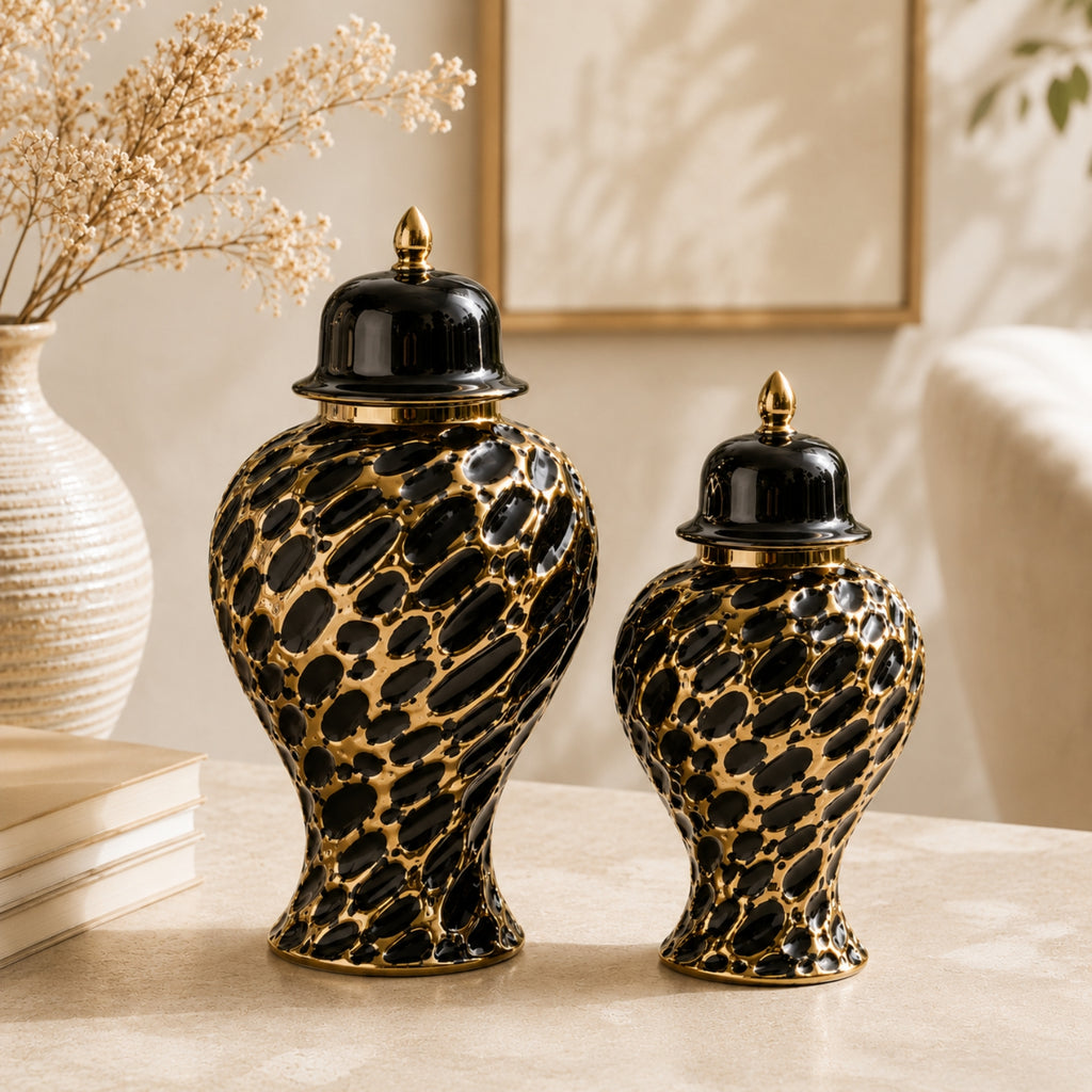 Mosaic  Ceramic Ginger Jar With Lid Black & Gold