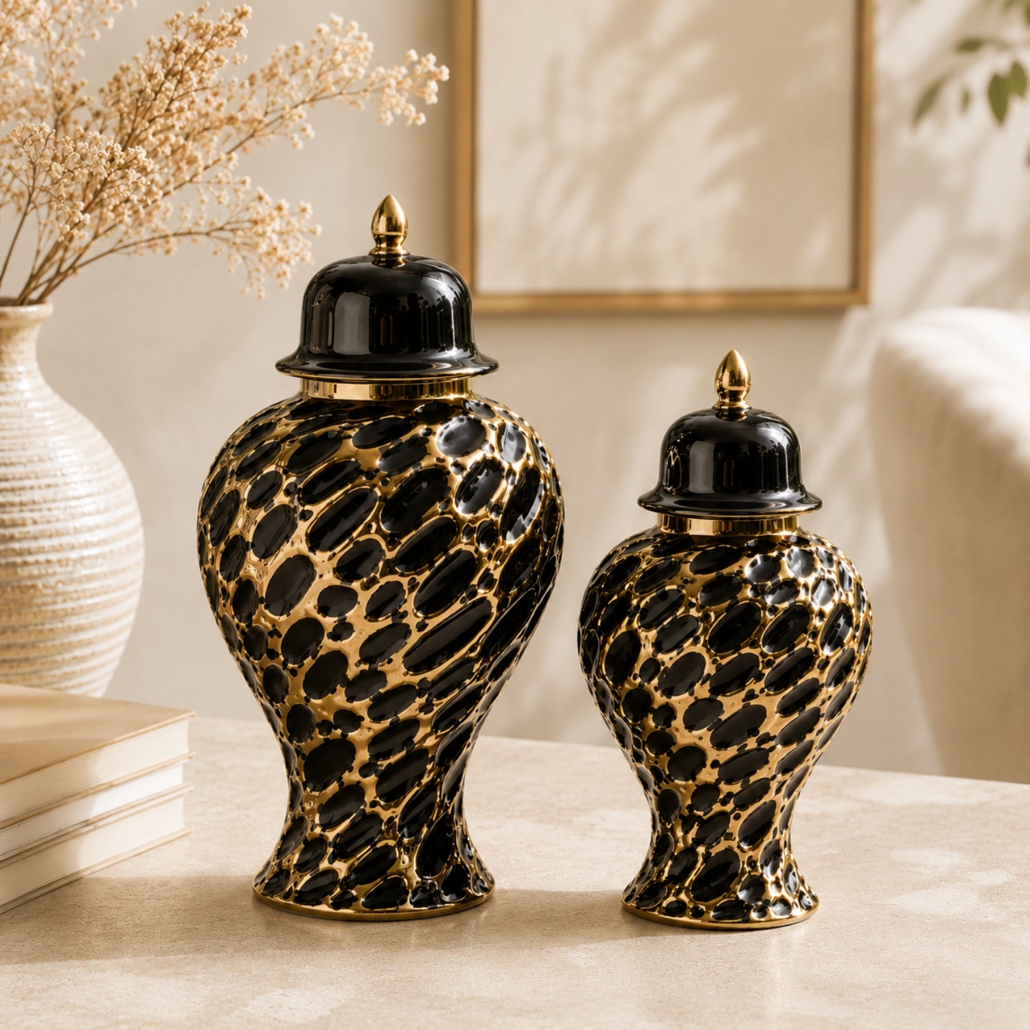 Mosaic  Ceramic Ginger Jar With Lid Black & Gold