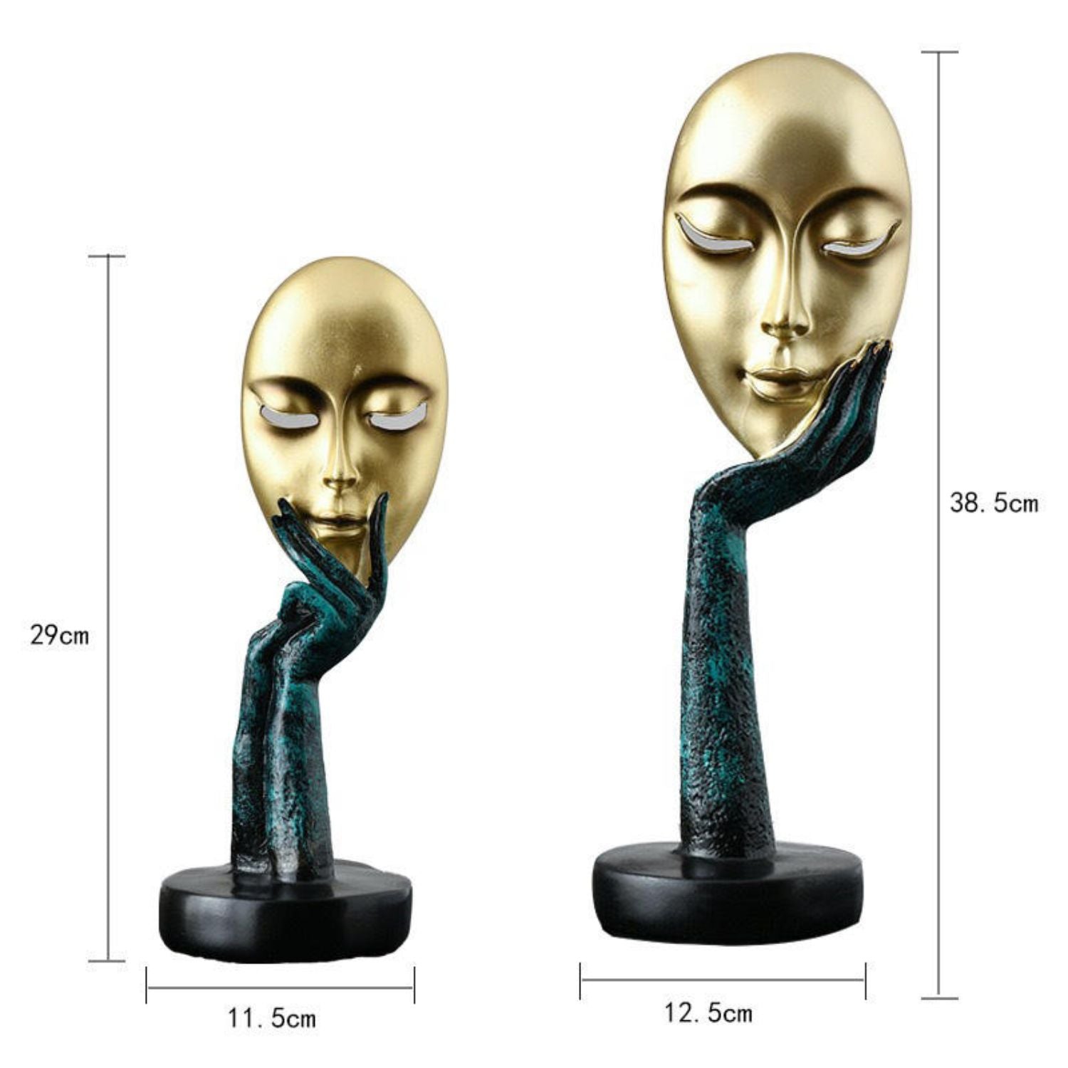 Two decorative metal sculptures of stylized human heads resting on hands, shown with dimension labels. The left sculpture is smaller, and the right sculpture is larger.