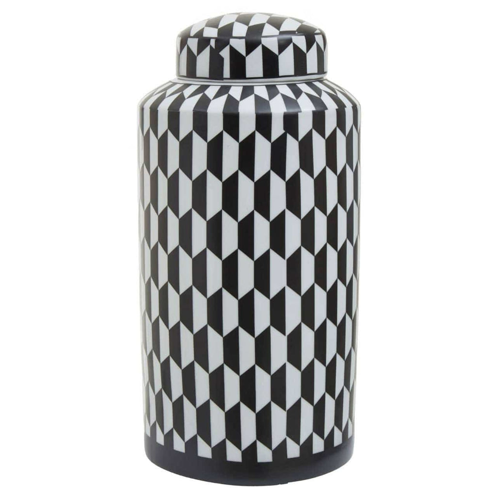 Geometric monochrome ceramic ginger jar full view on white background