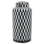 Geometric monochrome ceramic ginger jar full view on white background