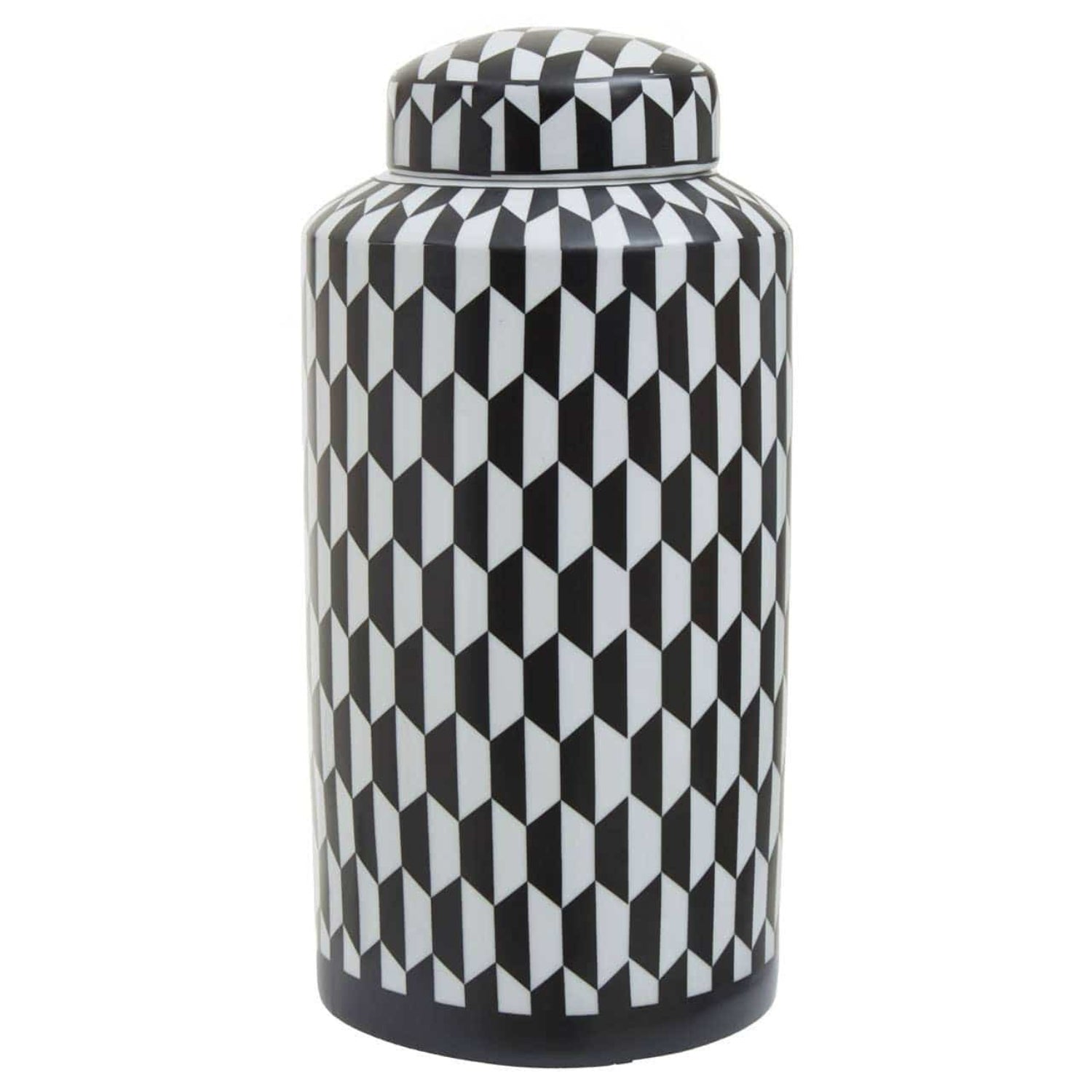 Geometric monochrome ceramic ginger jar full view on white background